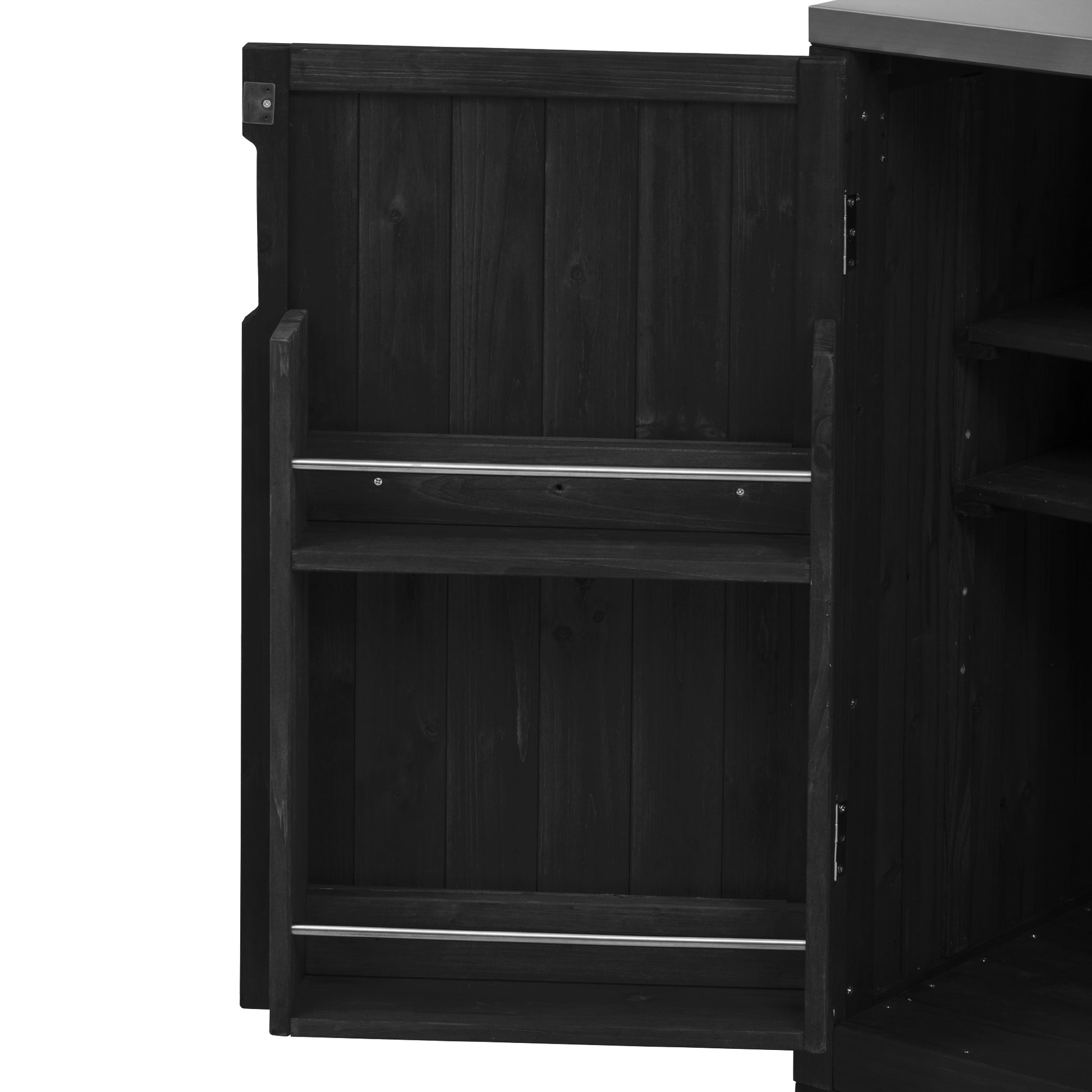 Antibes dark brown outdoor kitchen island showing door-mounted storage rack for spices condiments bottles and grilling accessories