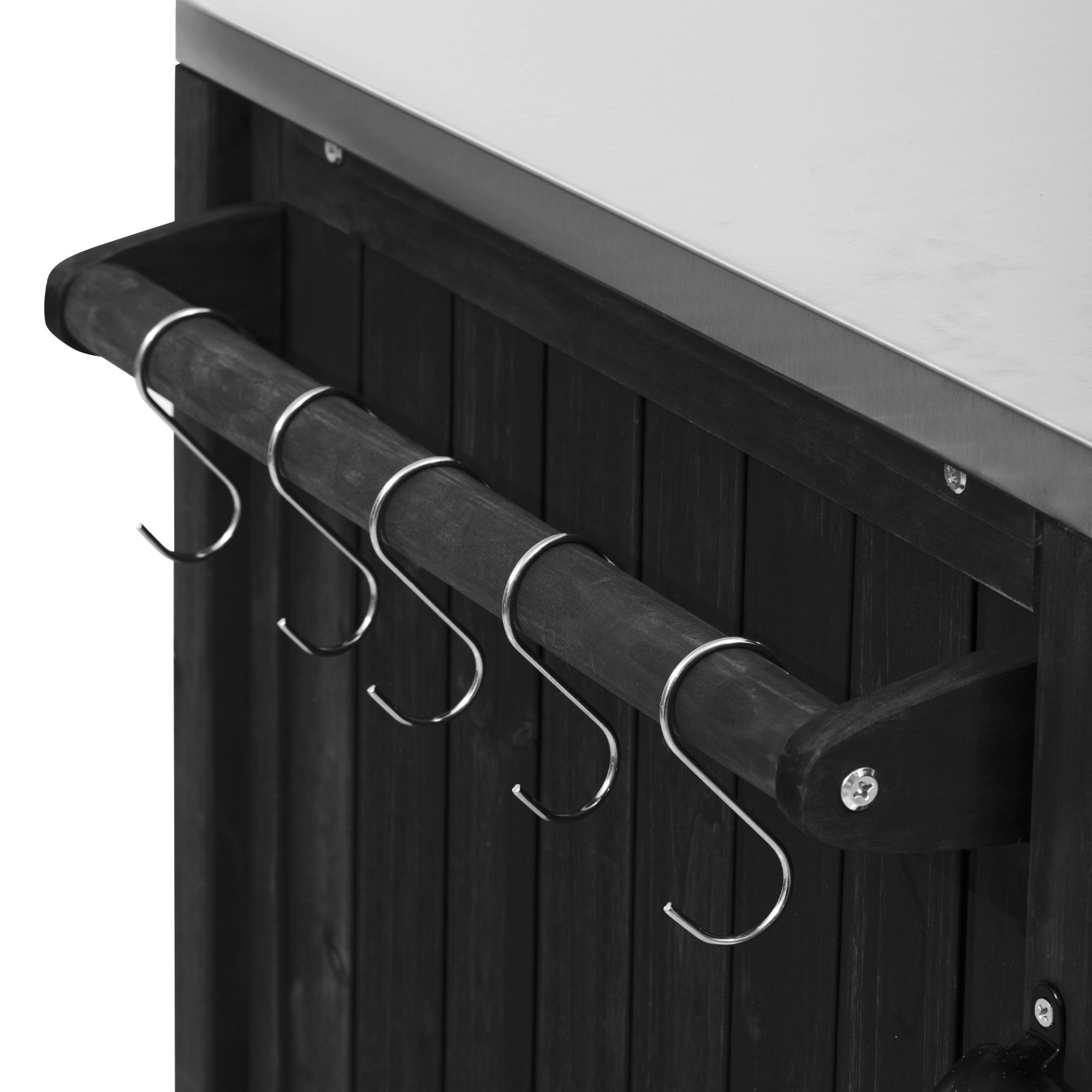 Antibes dark brown outdoor kitchen island showing side utensil rack with removable hooks for hanging grilling tools and outdoor cooking accessories