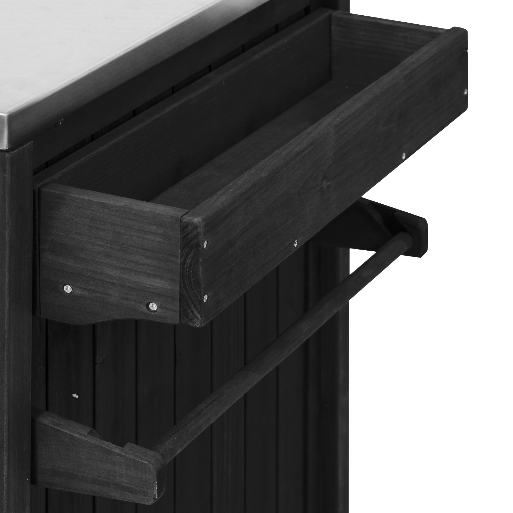 Antibes dark brown outdoor kitchen island showing side storage tray and towel bar for condiments seasonings paper towels and grilling accessories