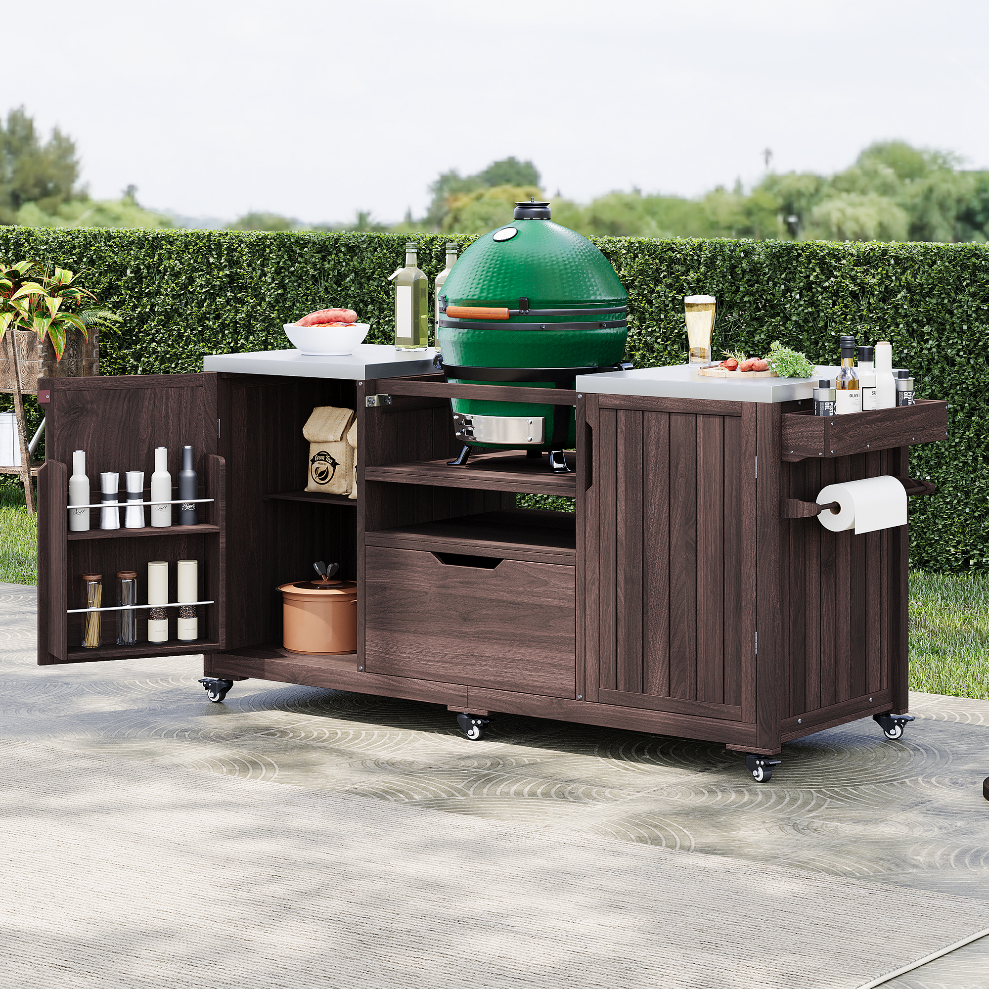 Antibes dark brown outdoor kitchen island showing kamado grill installation cabinet storage spice racks paper towel holder and outdoor BBQ preparation station