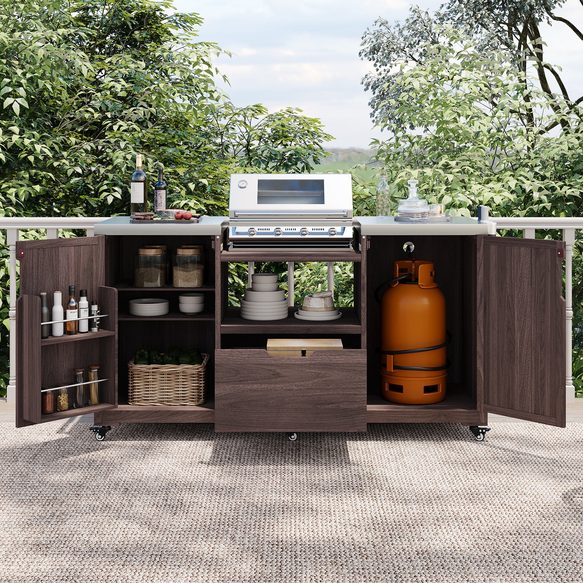 Antibes dark brown outdoor kitchen island showing grill-compatible center opening cabinet storage spice racks propane tank compartment and outdoor cooking organization