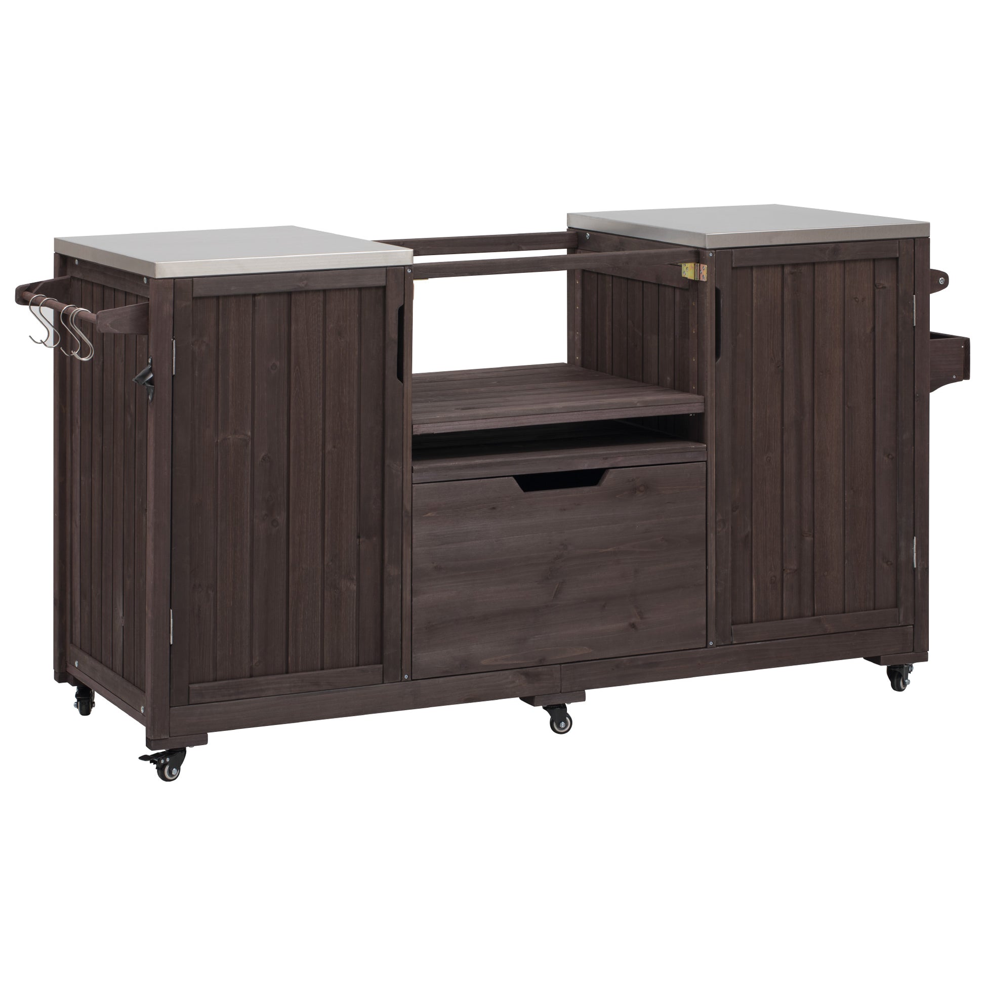 Antibes dark brown outdoor kitchen island showing stainless steel countertops center grill opening pull-out storage drawer side hooks and cabinet doors