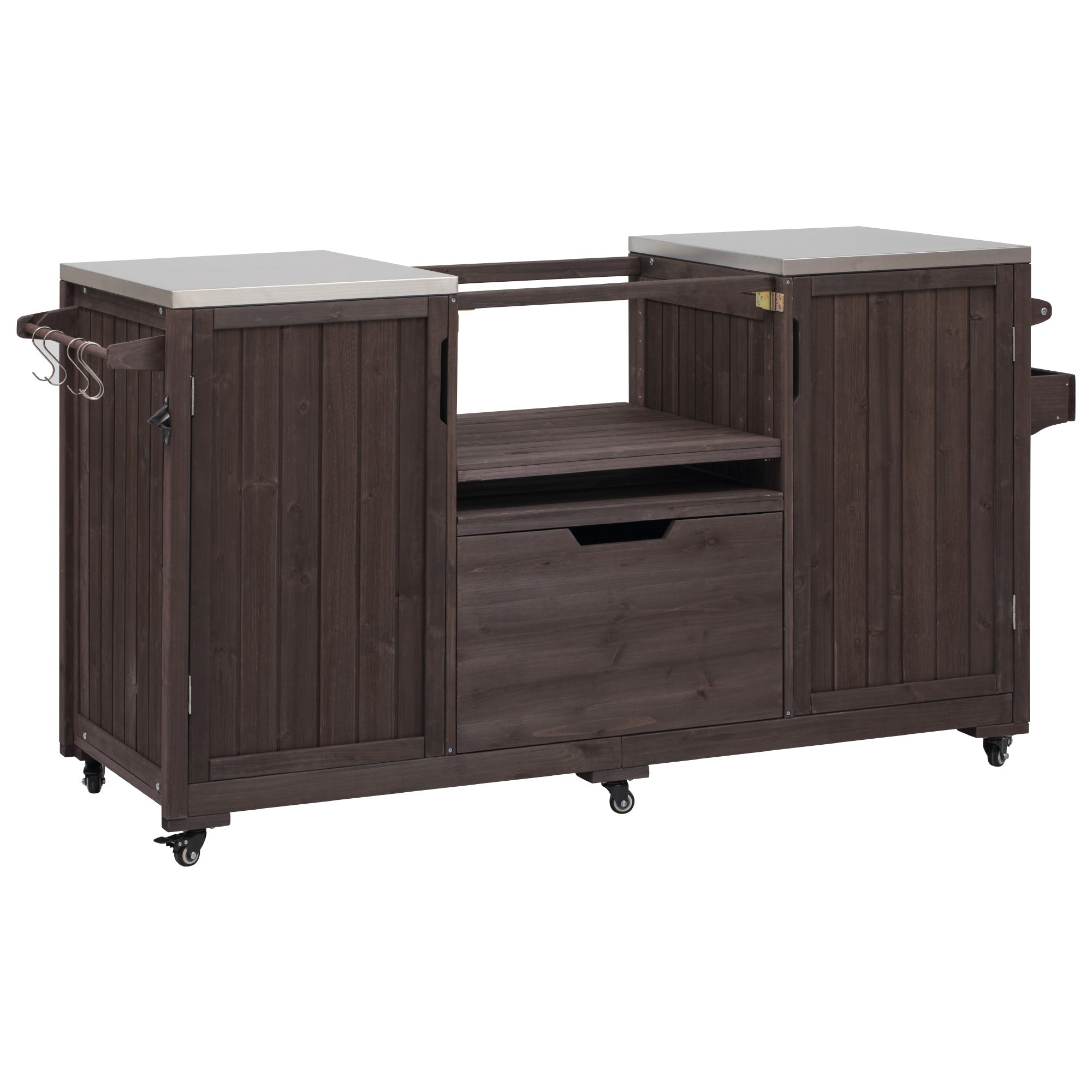 Antibes dark brown outdoor kitchen island showing stainless steel countertops center grill opening pull-out storage drawer side hooks and cabinet doors