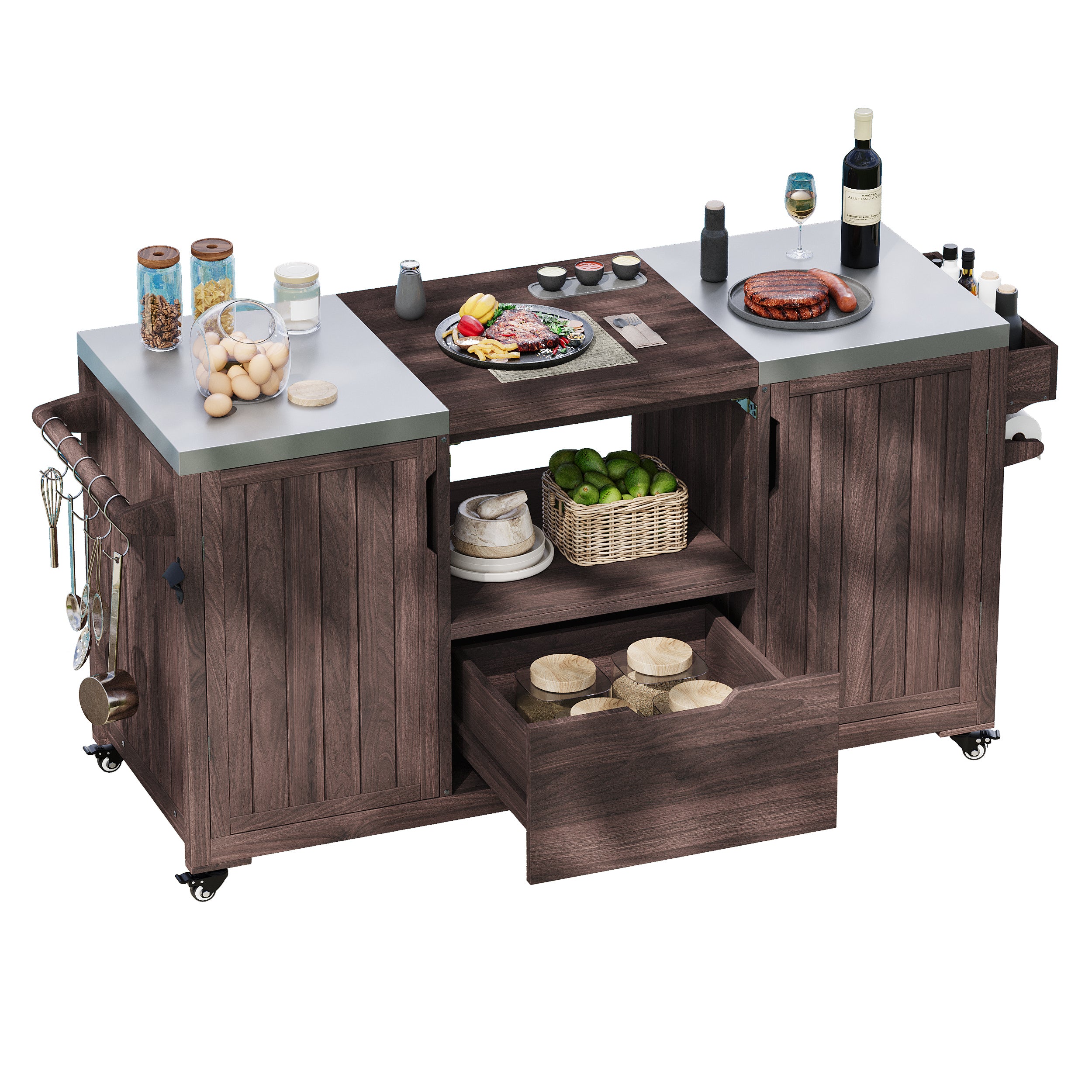 Antibes dark brown outdoor kitchen island showing stainless steel countertops center grill opening storage shelf pull-out drawer and side accessory racks