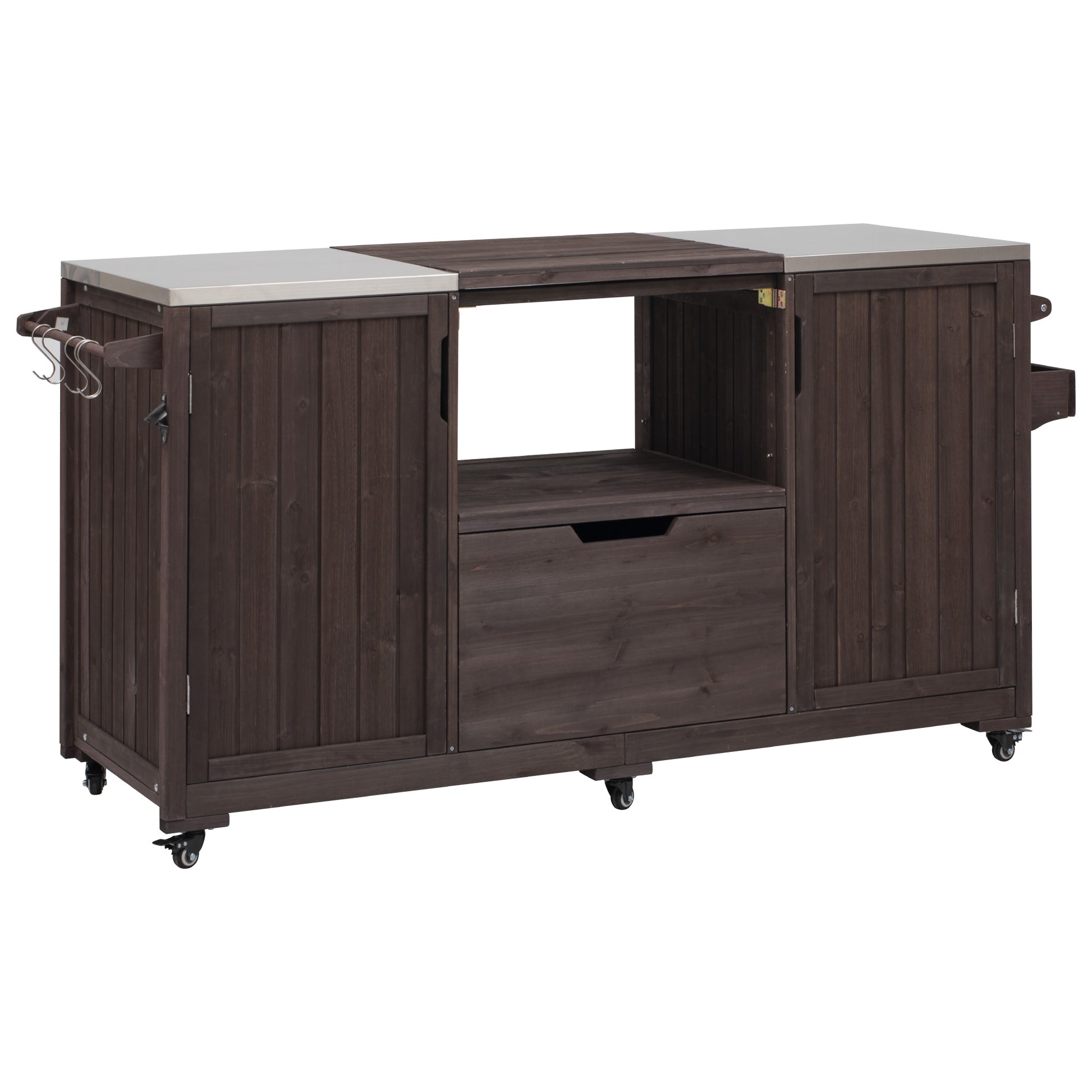 Antibes dark brown outdoor kitchen island showing grill-compatible center opening storage drawer stainless steel side countertops and utensil hook rack