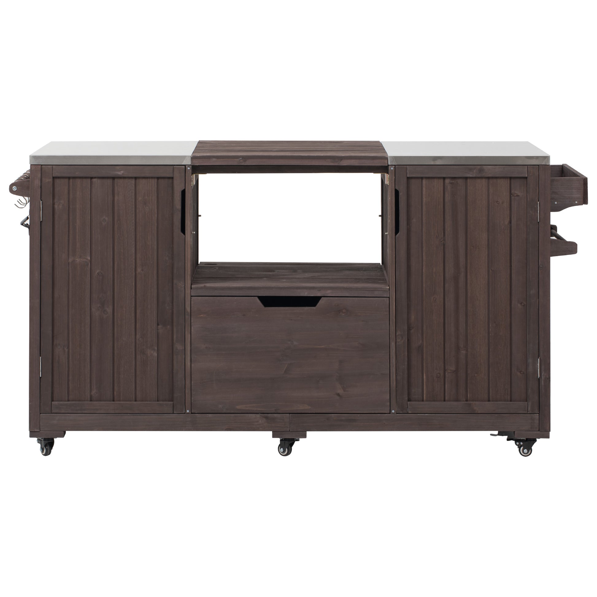 Antibes dark brown outdoor kitchen island showing grill-compatible center opening pull-out storage drawer stainless steel side countertops and rolling caster wheels