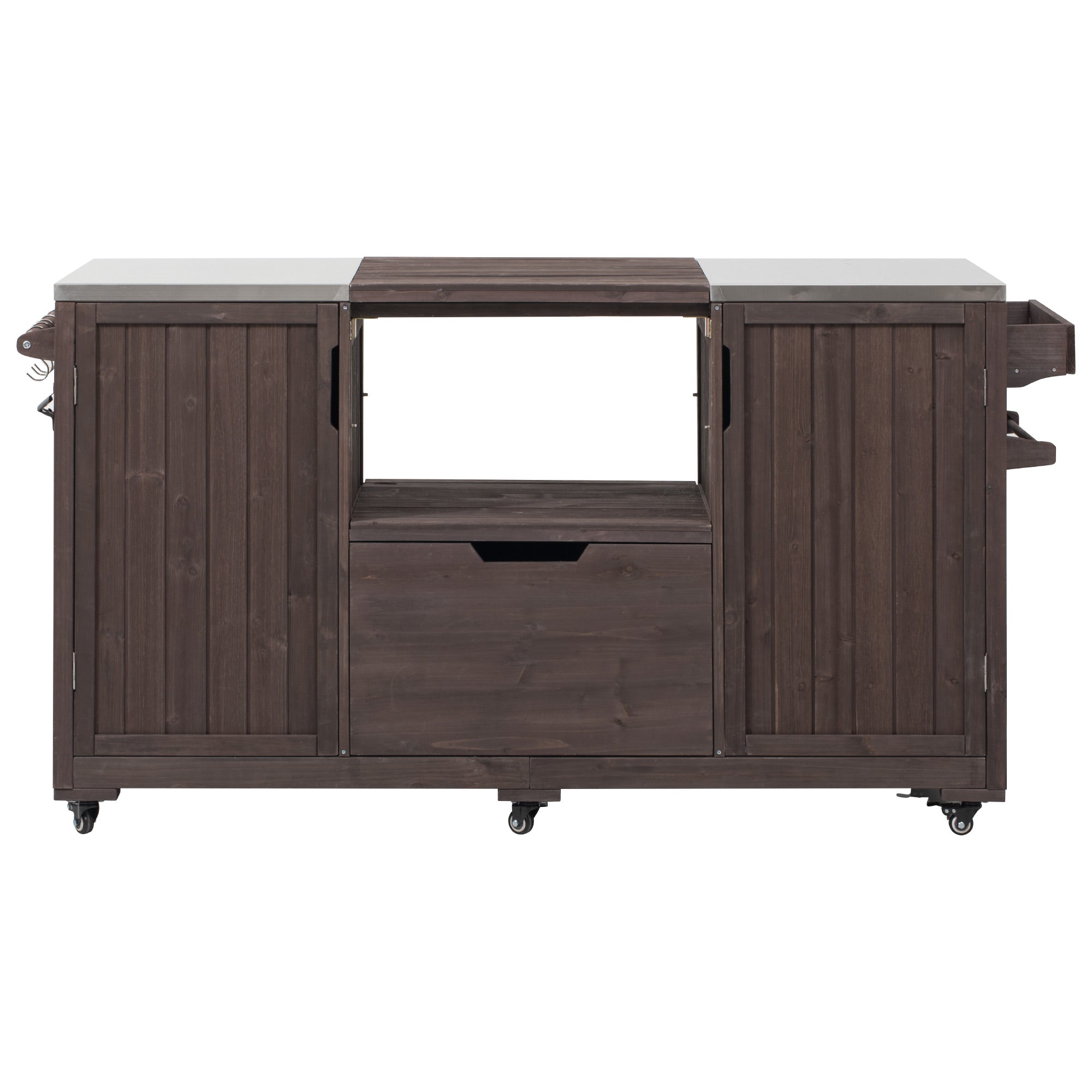 Antibes dark brown outdoor kitchen island showing grill-compatible center opening pull-out storage drawer stainless steel side countertops and rolling caster wheels