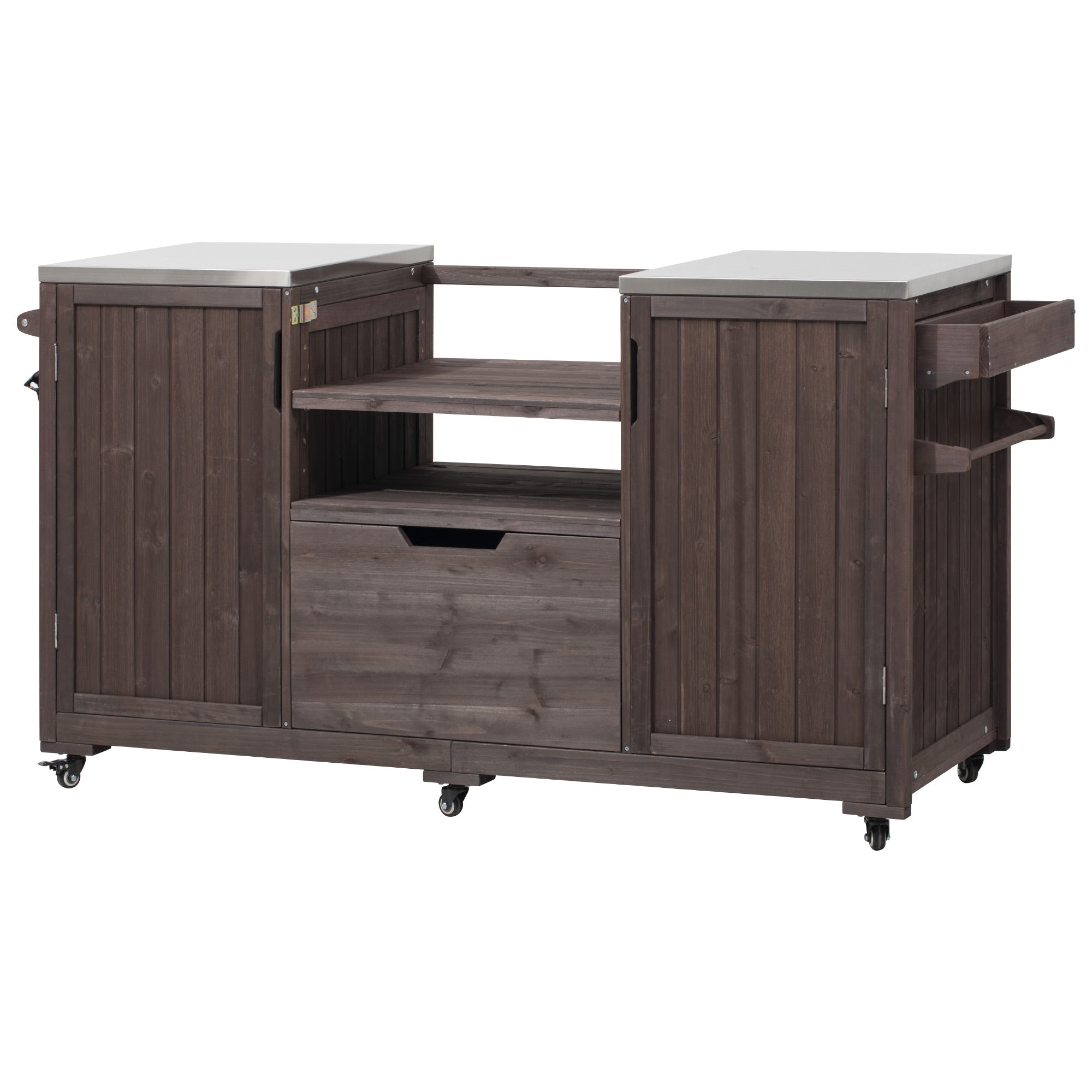 Antibes dark brown outdoor kitchen island showing open center shelving pull-out storage drawer side cabinet doors and stainless steel prep surfaces