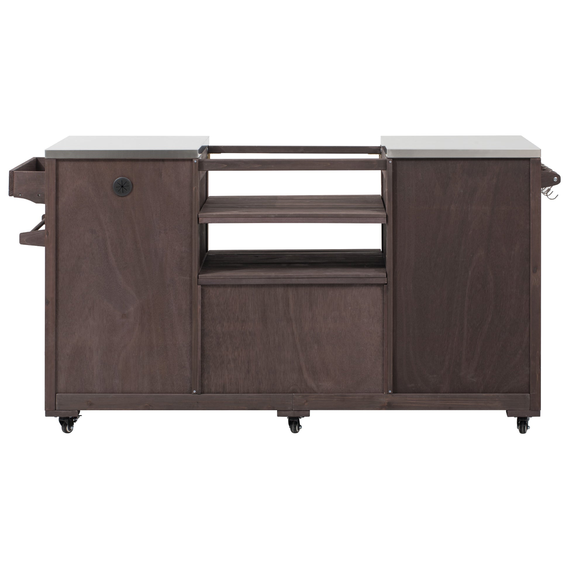 Antibes dark brown outdoor kitchen island showing rear access panel center grill opening support shelves storage drawer and rolling caster wheels