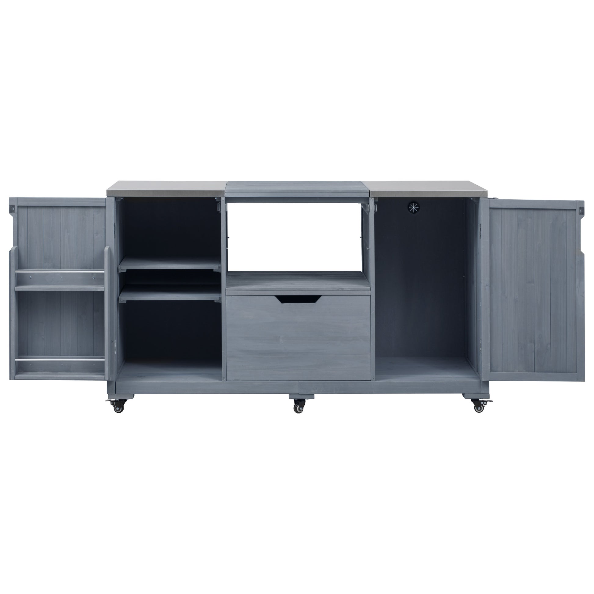 Antibes gray outdoor kitchen island showing open cabinet compartments grill opening storage shelves pull-out drawer and door-mounted spice racks
