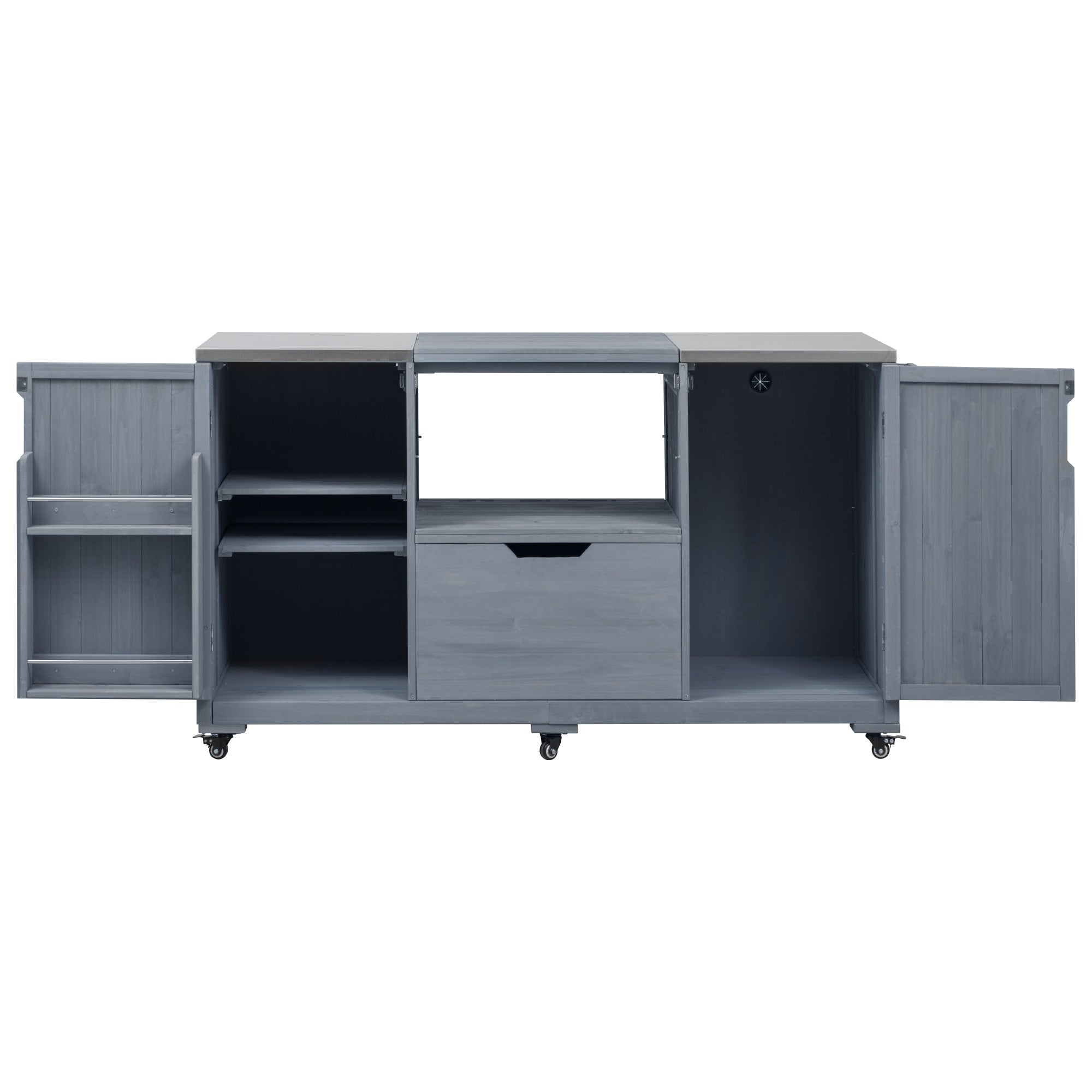 Antibes gray outdoor kitchen island showing open cabinet compartments grill opening storage shelves pull-out drawer and door-mounted spice racks
