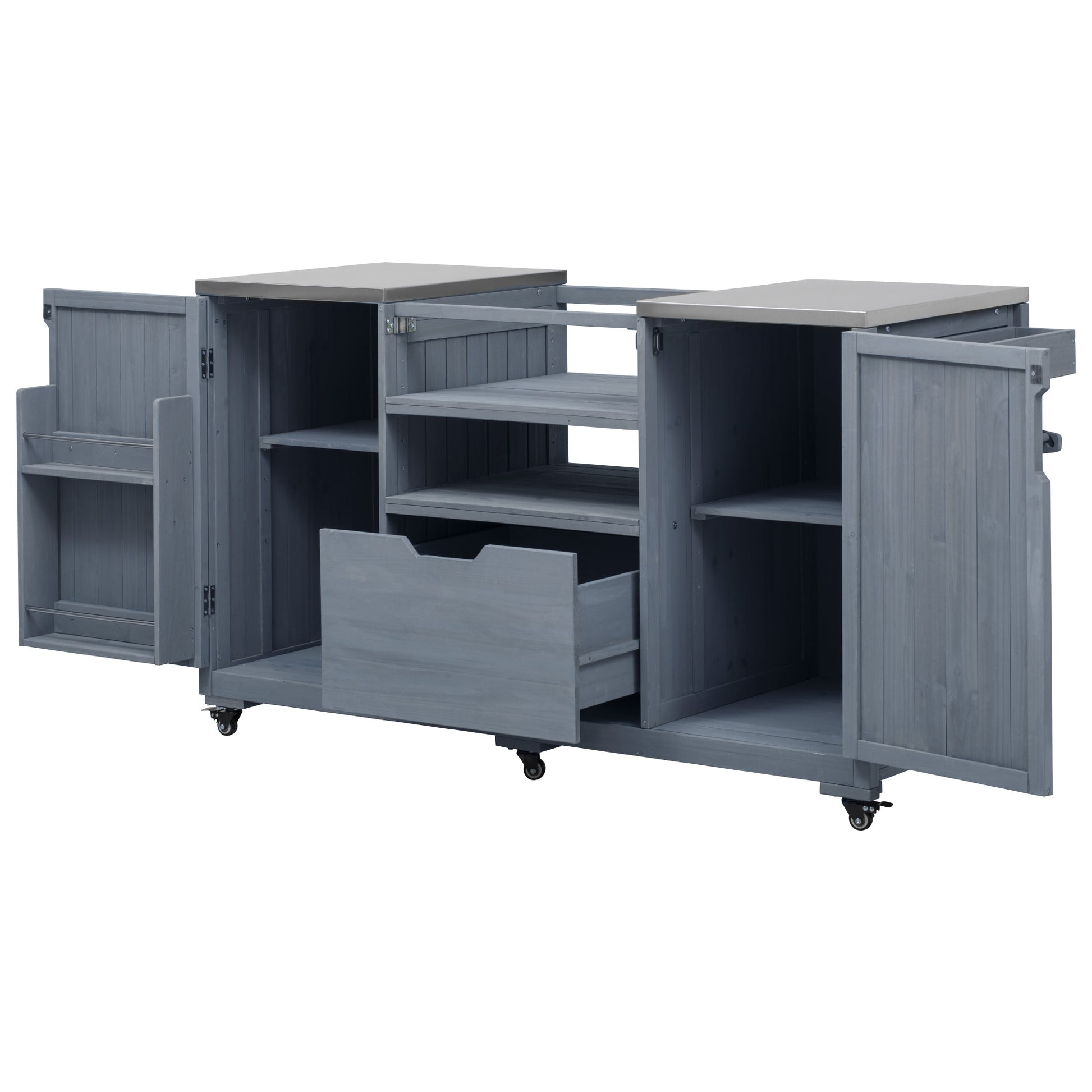 Antibes gray outdoor kitchen island showing open storage compartments adjustable shelves pull-out drawer and spacious cabinet organization system