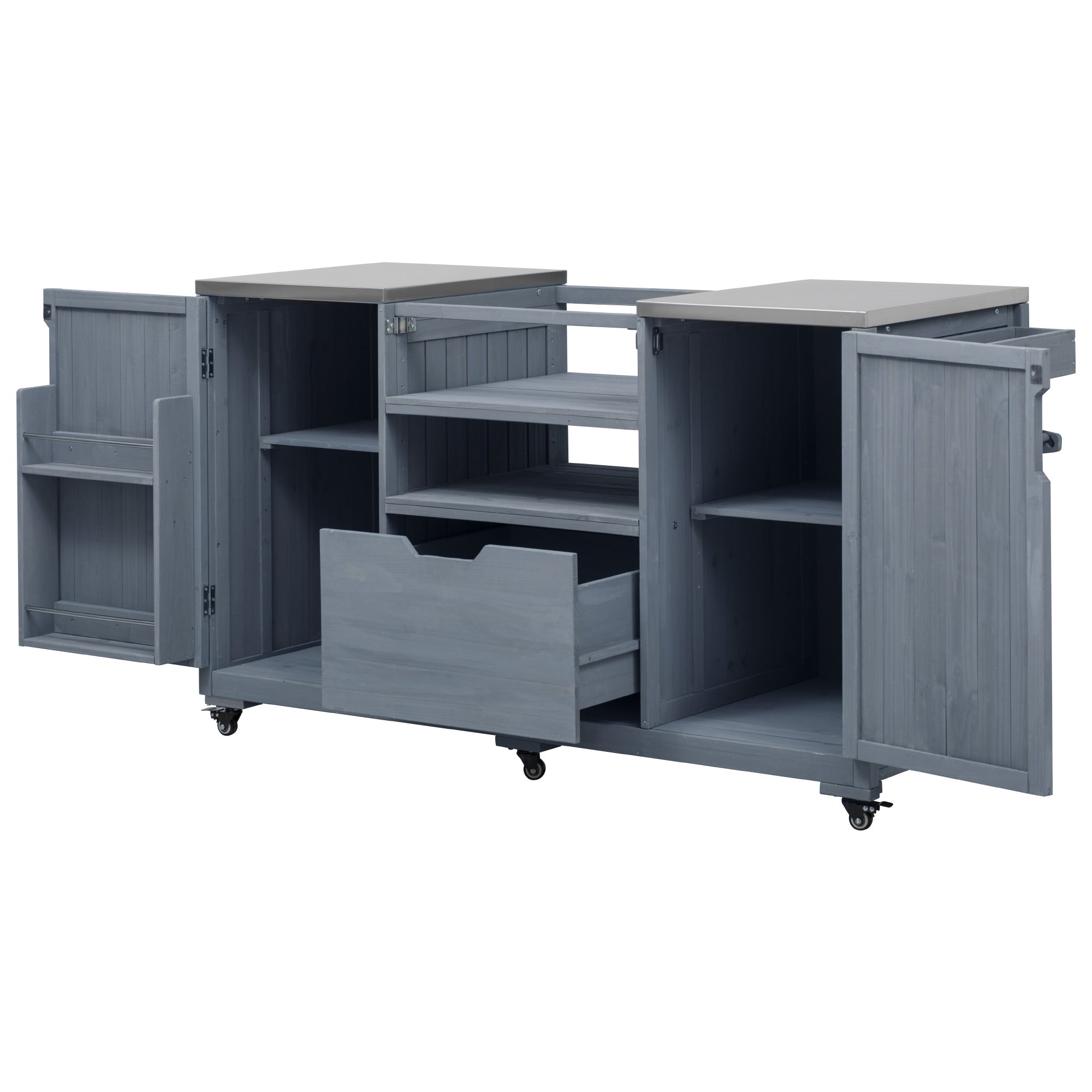 Antibes gray outdoor kitchen island showing open storage compartments adjustable shelves pull-out drawer and spacious cabinet organization system