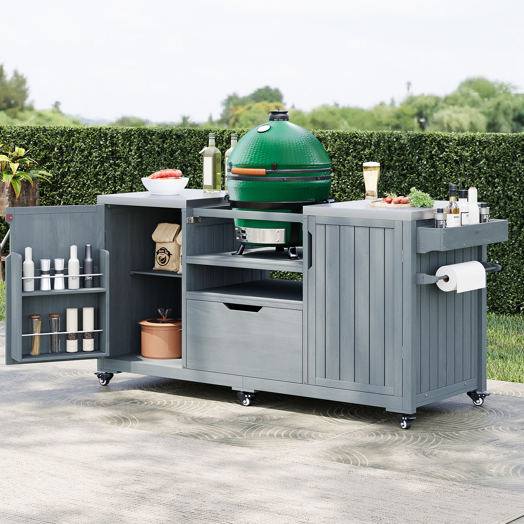 Antibes gray outdoor kitchen island showing kamado grill installation cabinet storage spice racks paper towel holder and outdoor BBQ preparation station