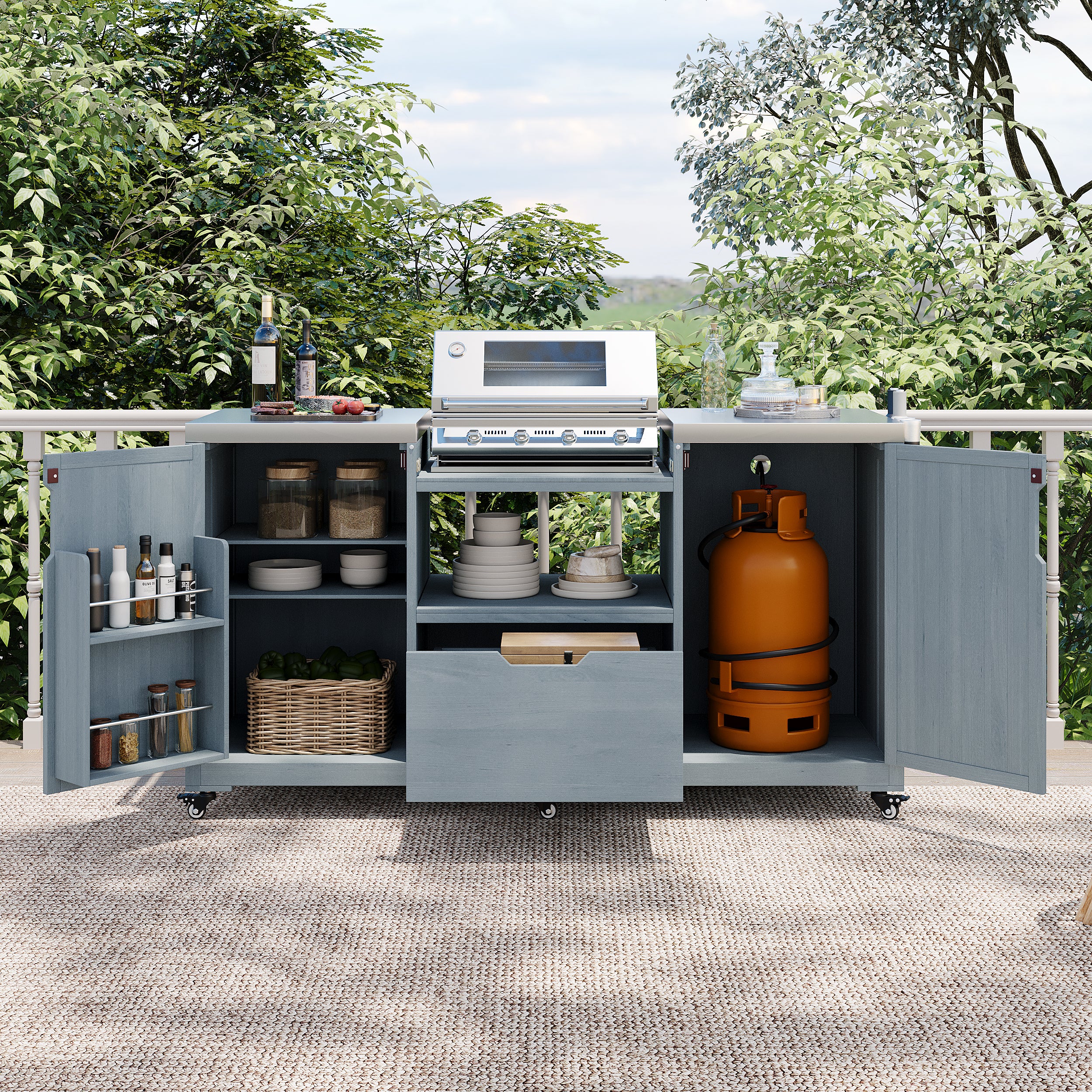 Antibes gray outdoor kitchen island showing grill-compatible center opening cabinet storage spice racks propane tank compartment and outdoor cooking organization