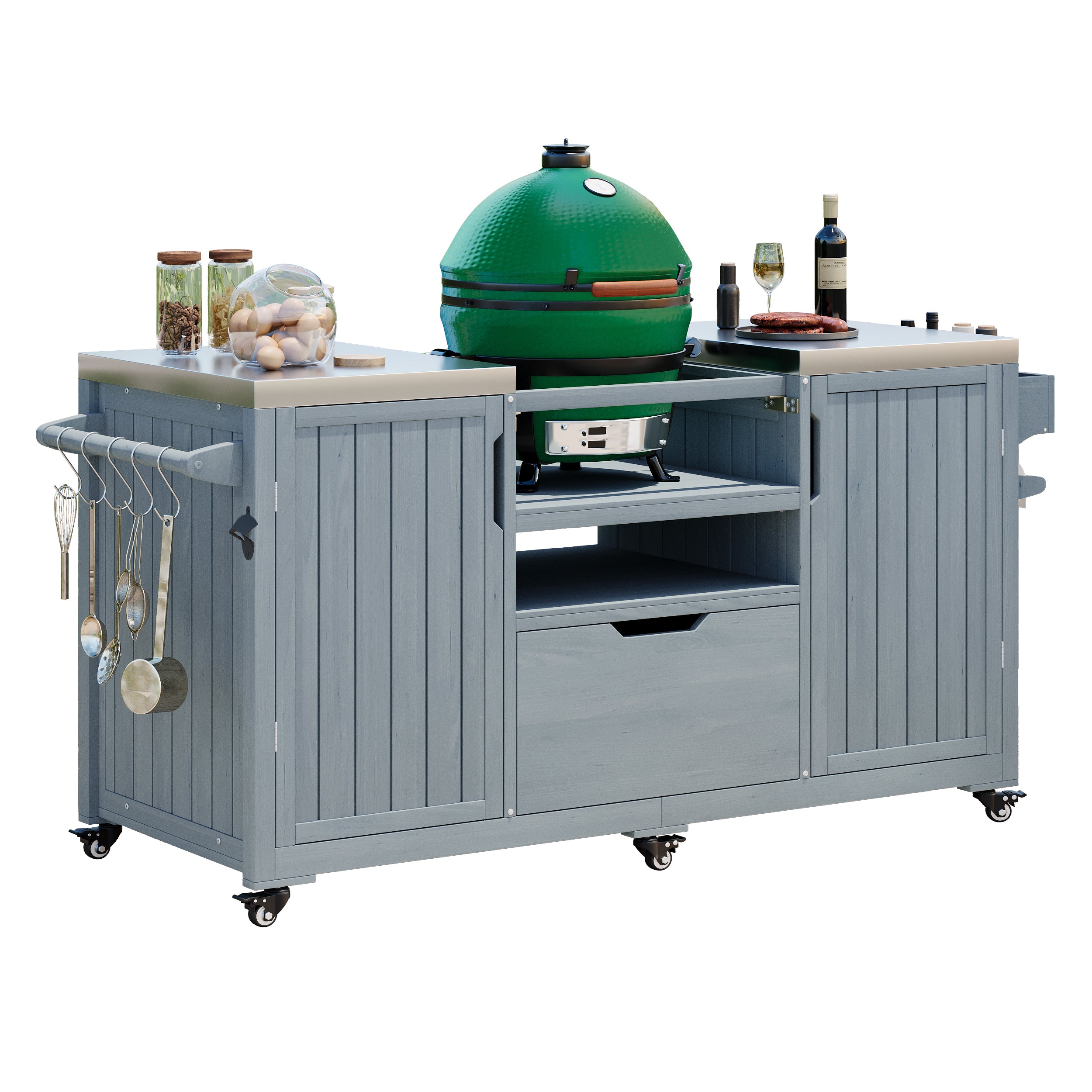 Antibes gray outdoor kitchen island showing kamado grill installation stainless steel prep surfaces storage shelves drawer and outdoor BBQ station
