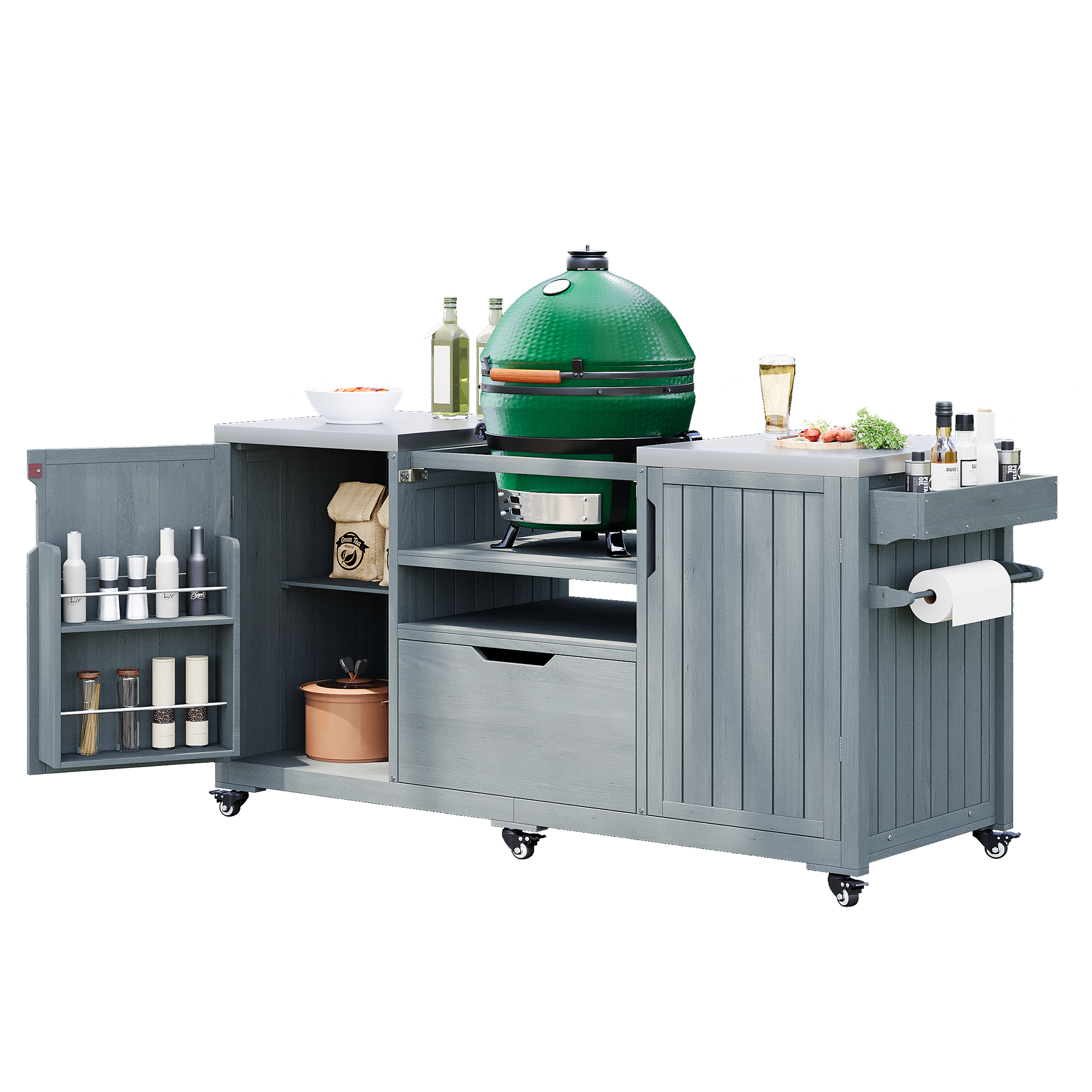 Antibes gray outdoor kitchen island showing kamado grill setup spice storage door racks pull-out drawer paper towel holder and outdoor cooking workspace