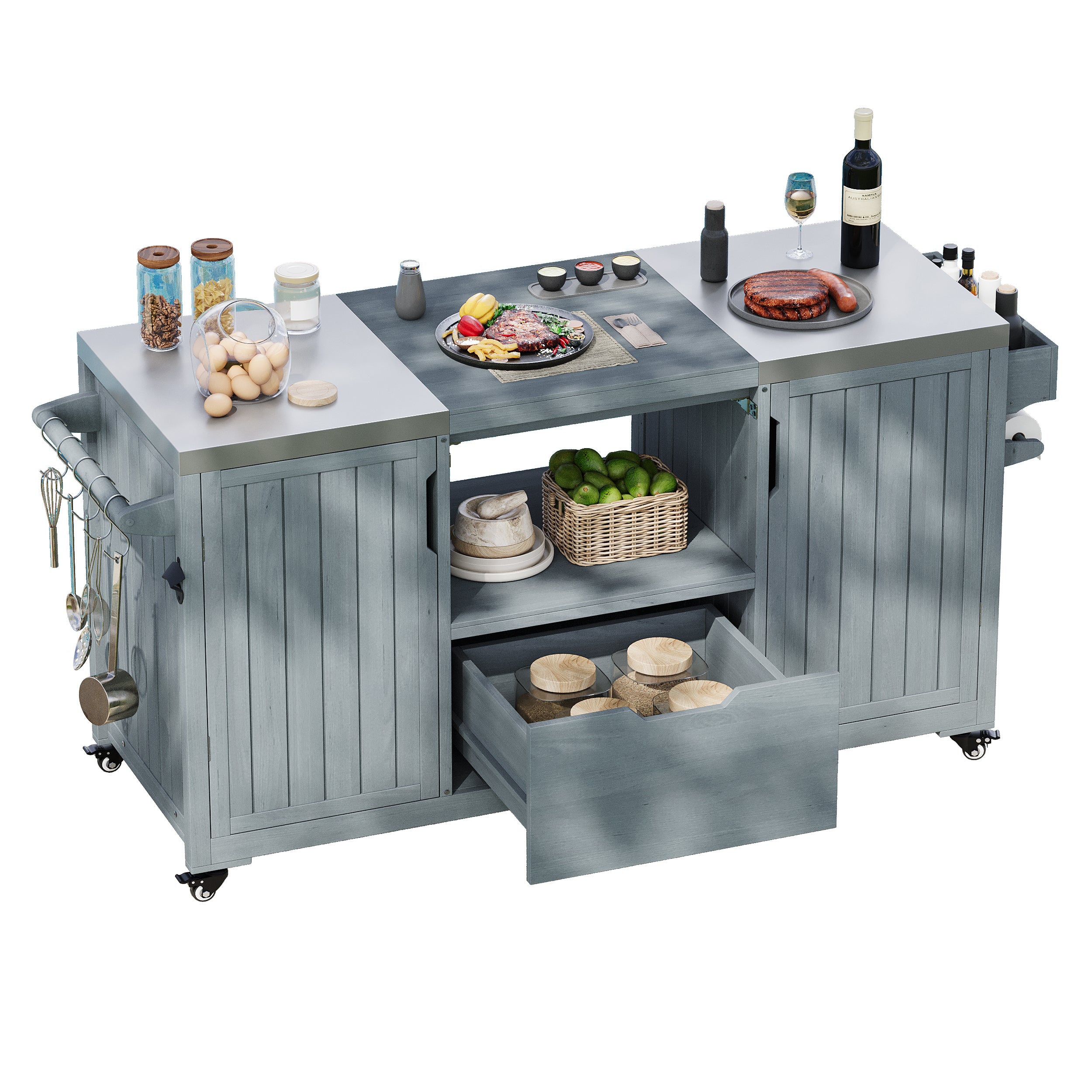 Antibes gray outdoor kitchen island showing stainless steel countertops center grill opening storage shelf pull-out drawer and side accessory racks