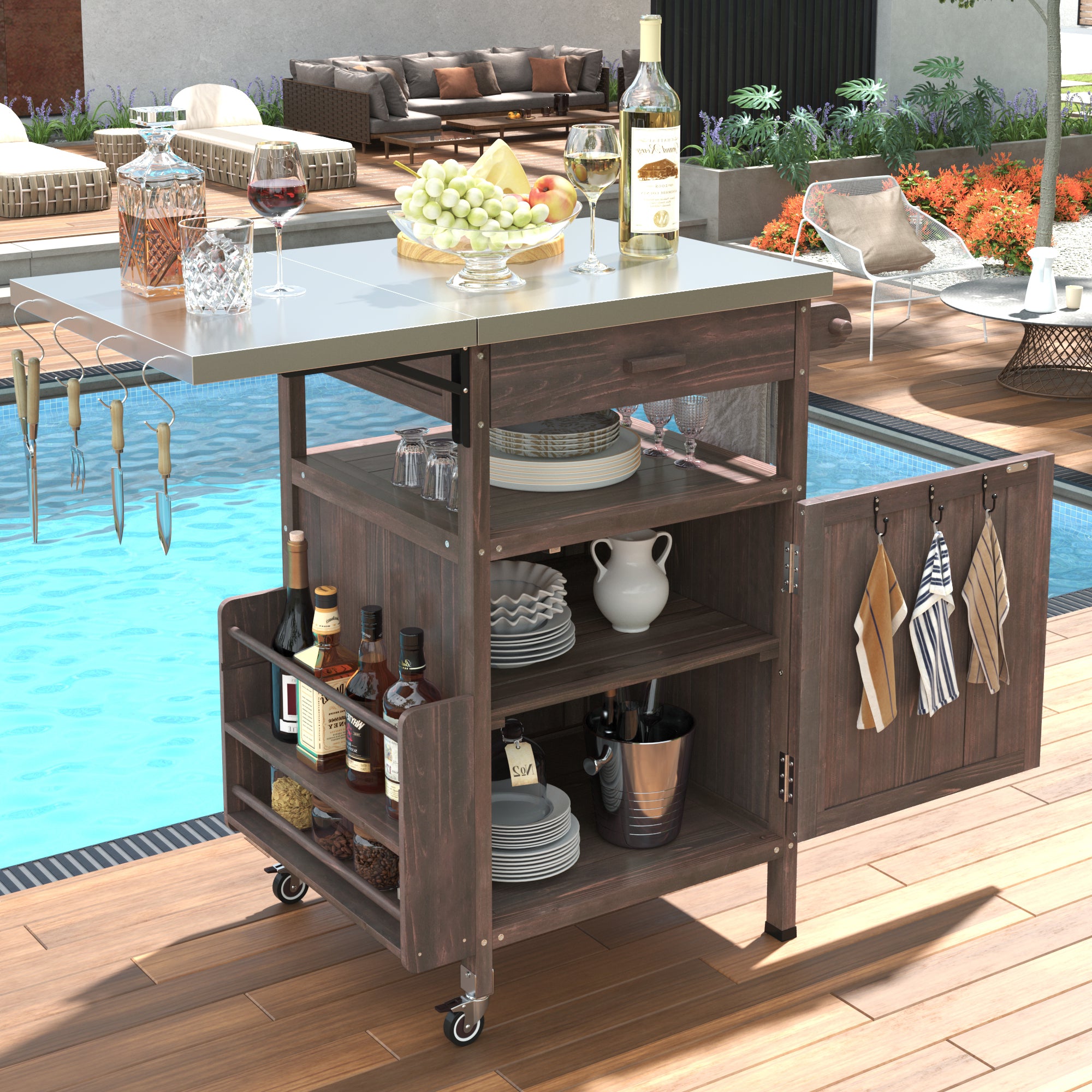 Arezzo brown kitchen cart showing poolside outdoor entertaining setup