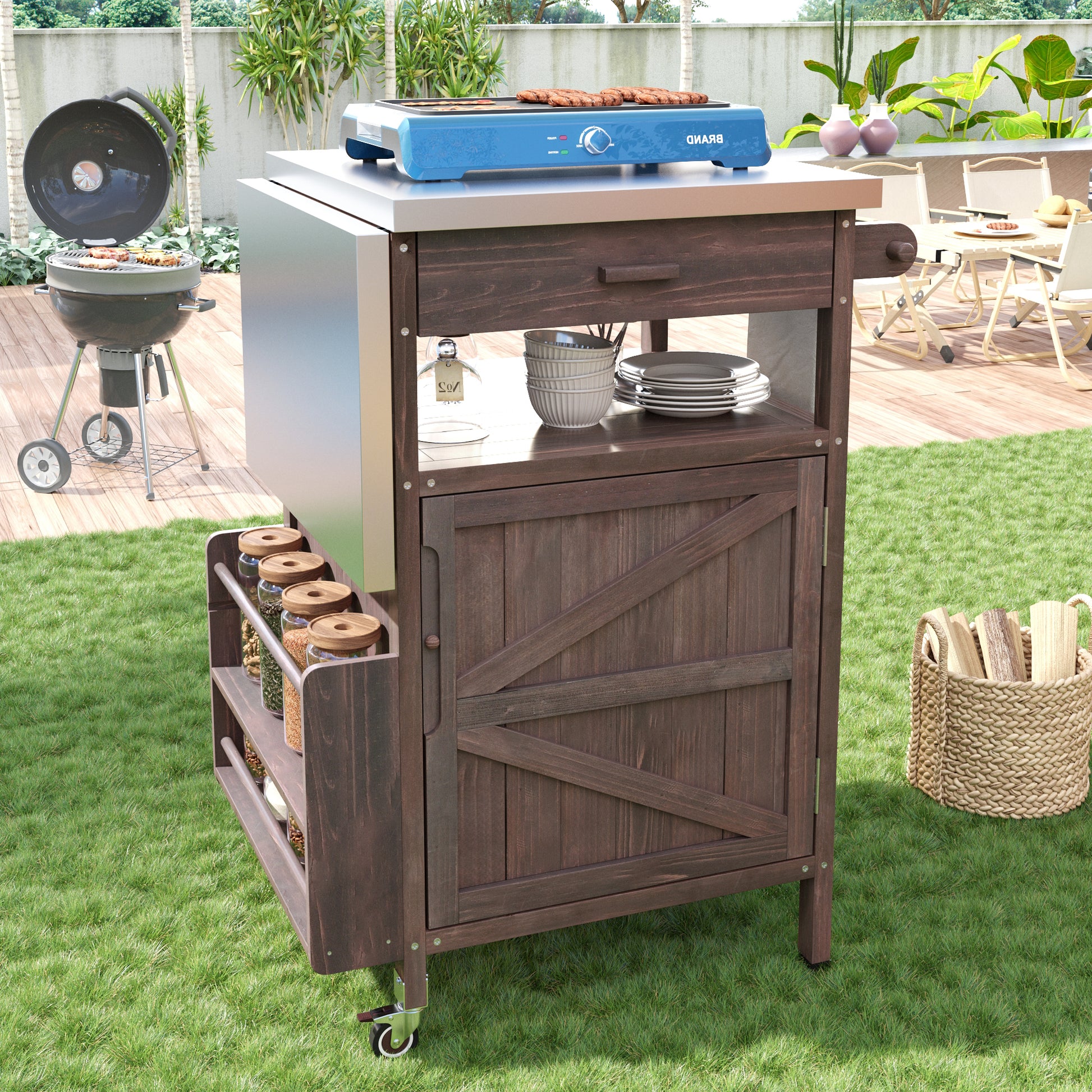 Arezzo brown kitchen cart showing outdoor grilling and prep station
