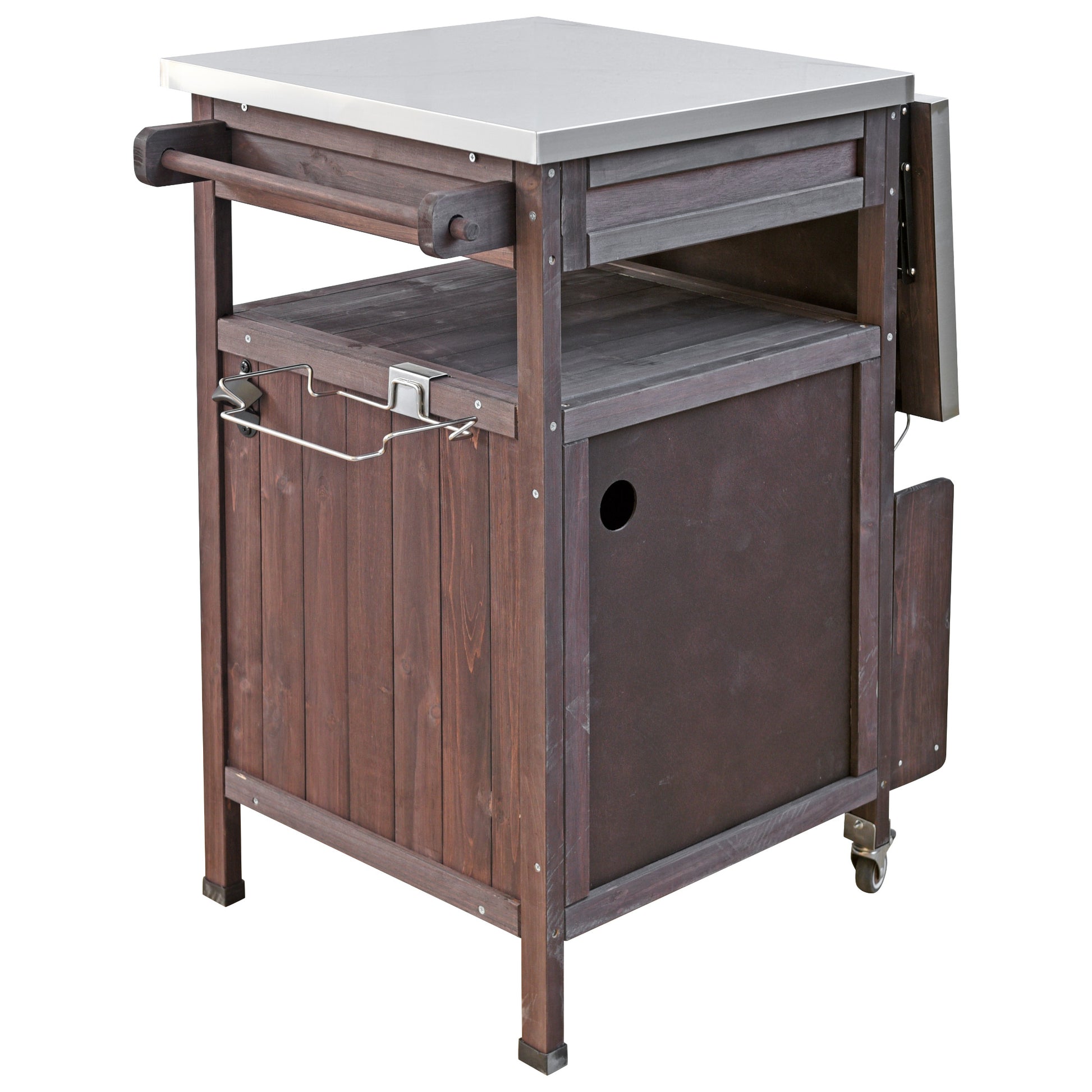 Arezzo brown kitchen cart showing rear storage and folded extension panel