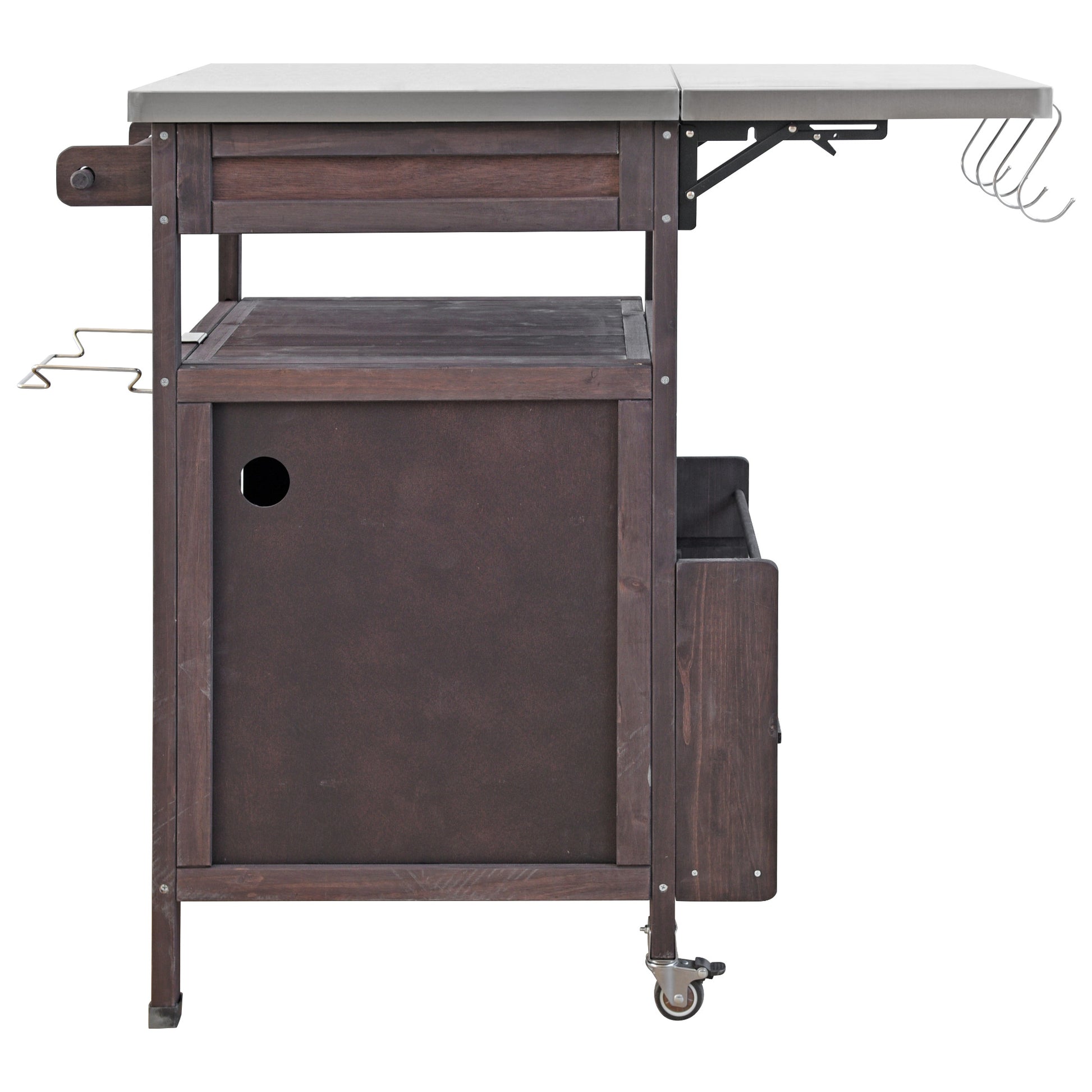 Arezzo brown kitchen cart showing side profile with extended drop leaf