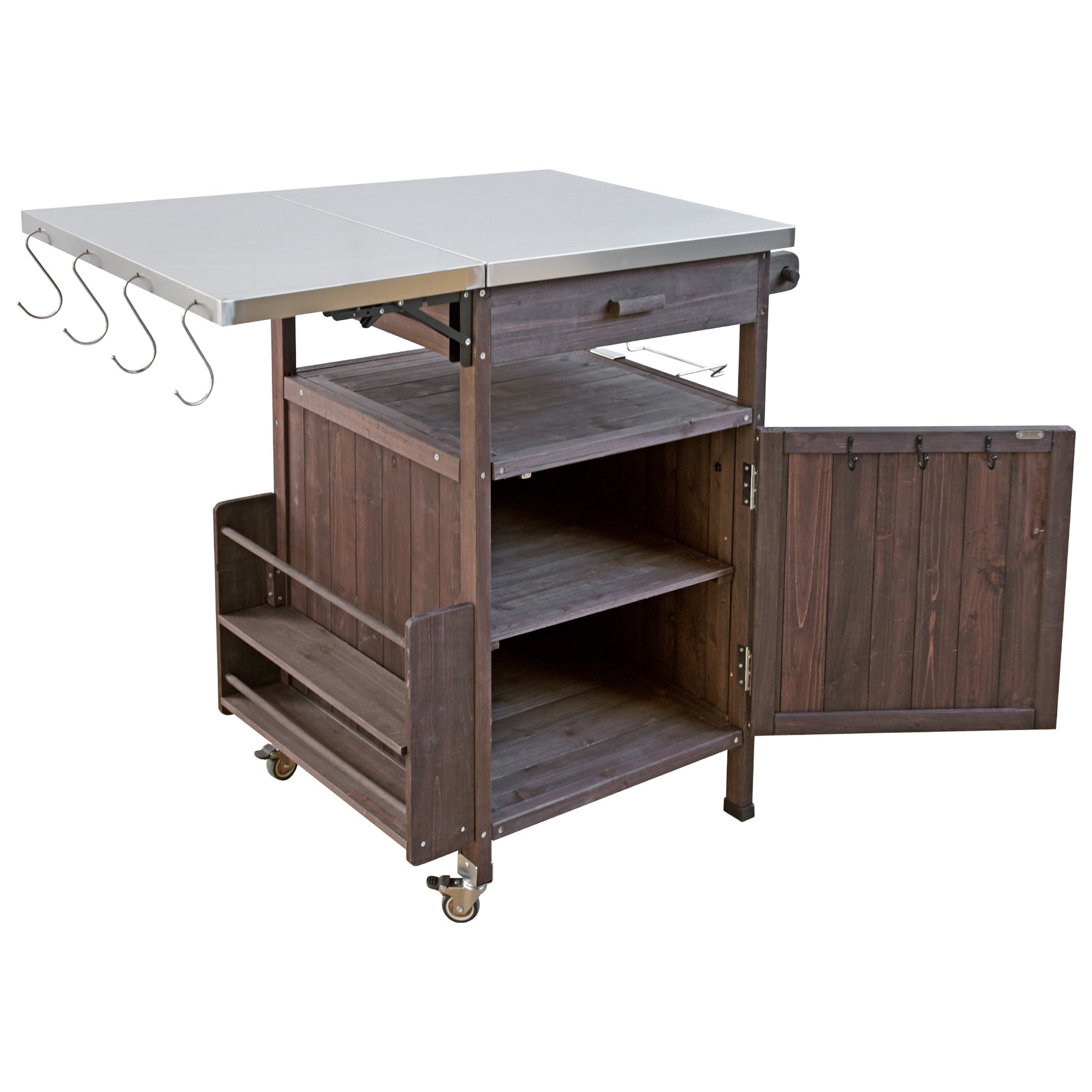 Arezzo brown kitchen cart showing open storage and extended workspace