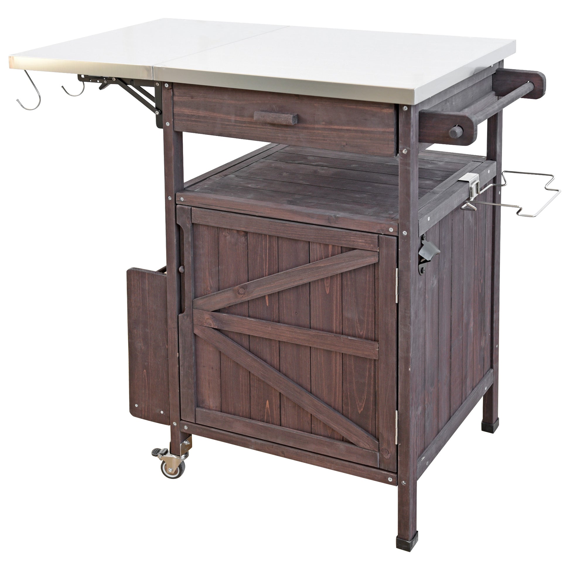 Arezzo brown kitchen cart showing expanded drop leaf workspace