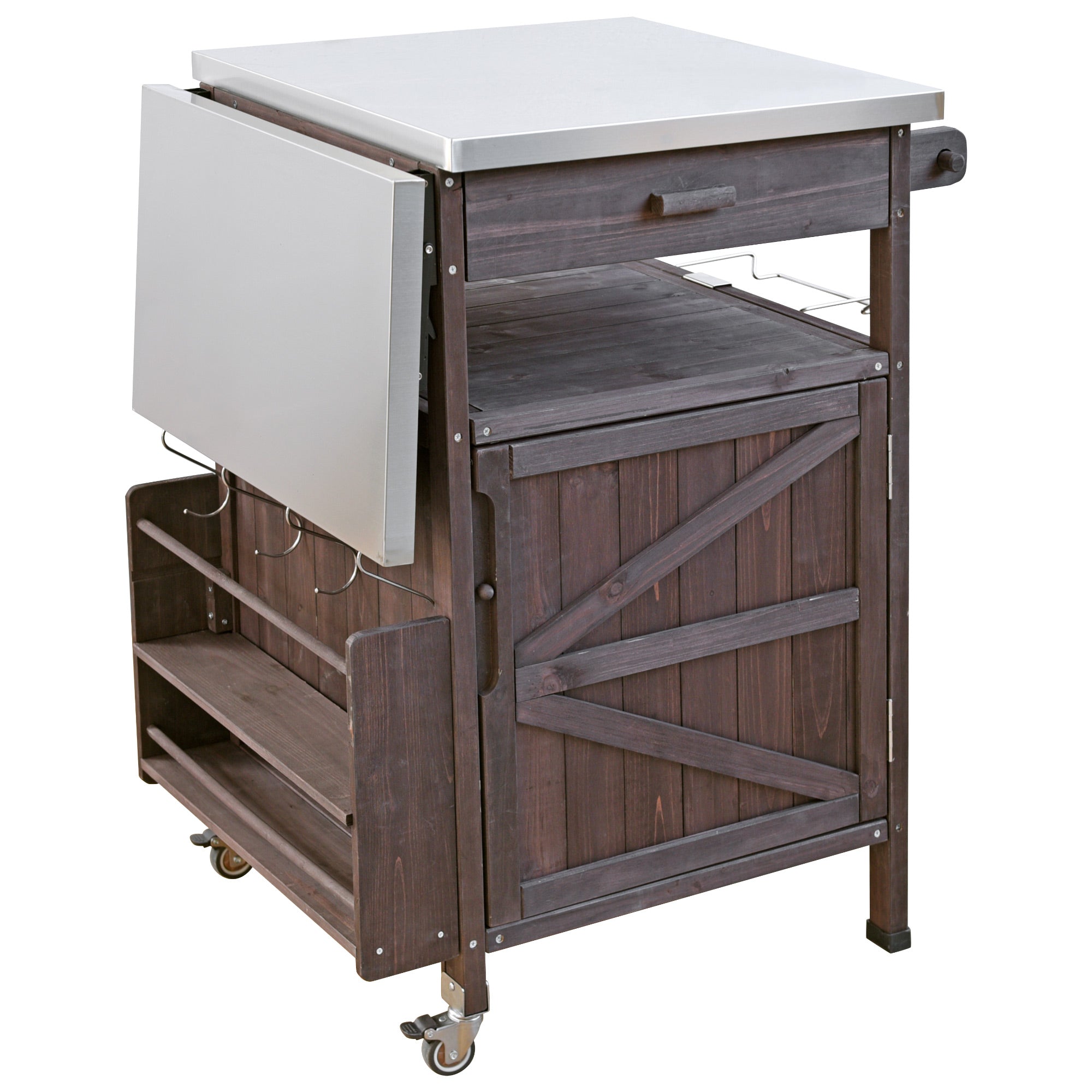 Arezzo brown kitchen cart showing foldable drop leaf extension