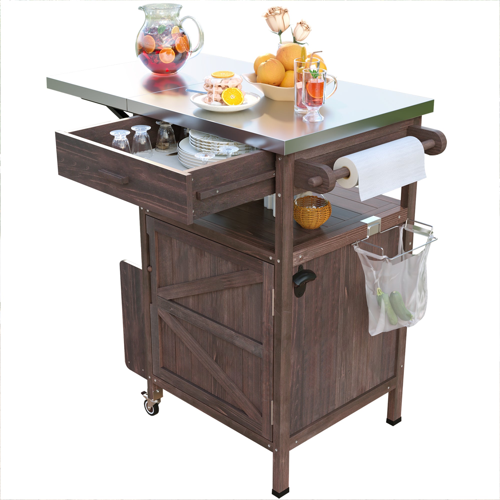 Arezzo brown kitchen cart showing open drawer and storage features