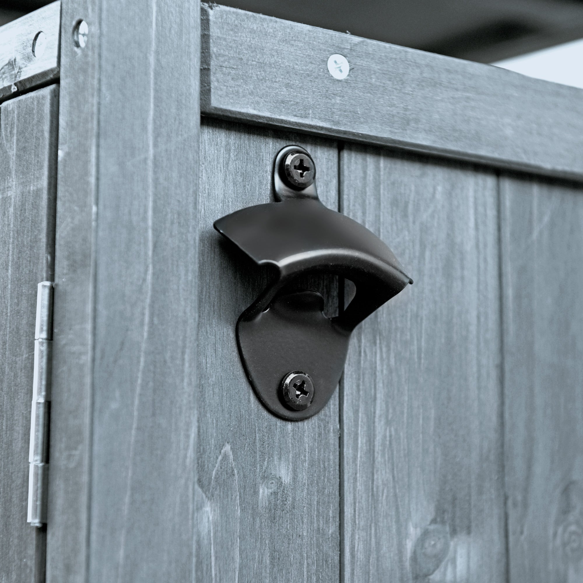 Arezzo gray blue kitchen cart showing built in bottle opener detail