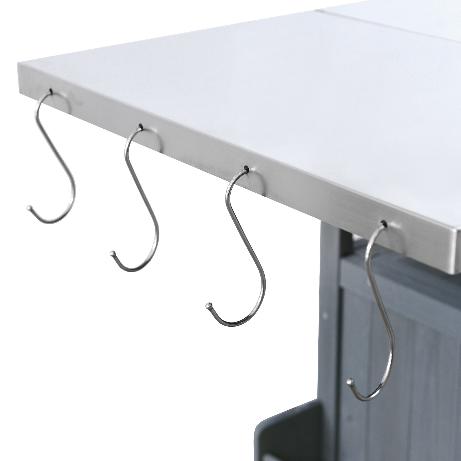 Arezzo gray blue kitchen cart showing stainless steel hanging hooks detail