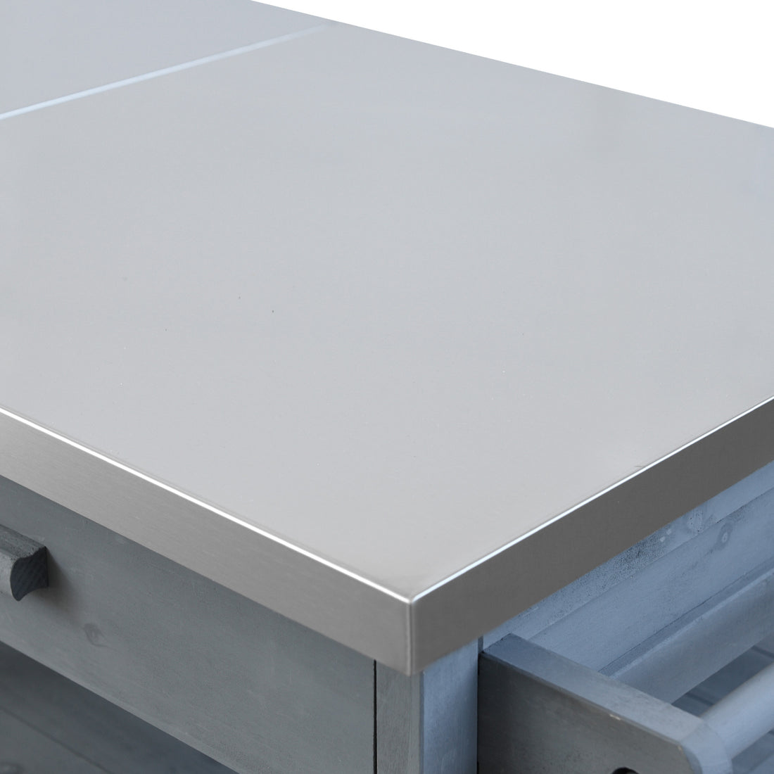 Arezzo gray blue kitchen cart showing stainless steel countertop detail