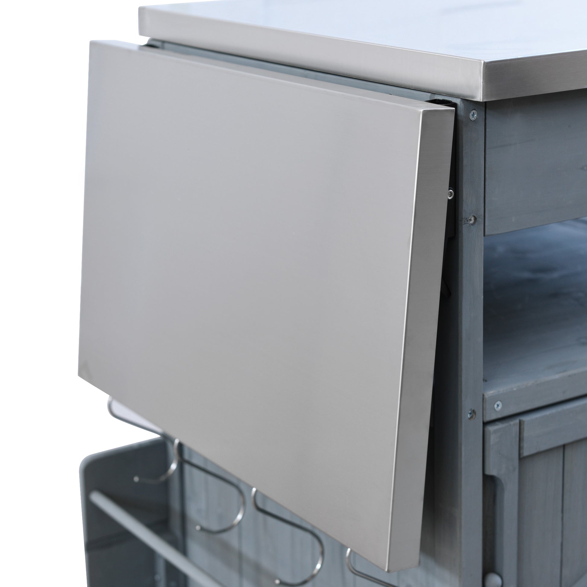 Arezzo gray blue kitchen cart showing foldable stainless steel drop leaf detail