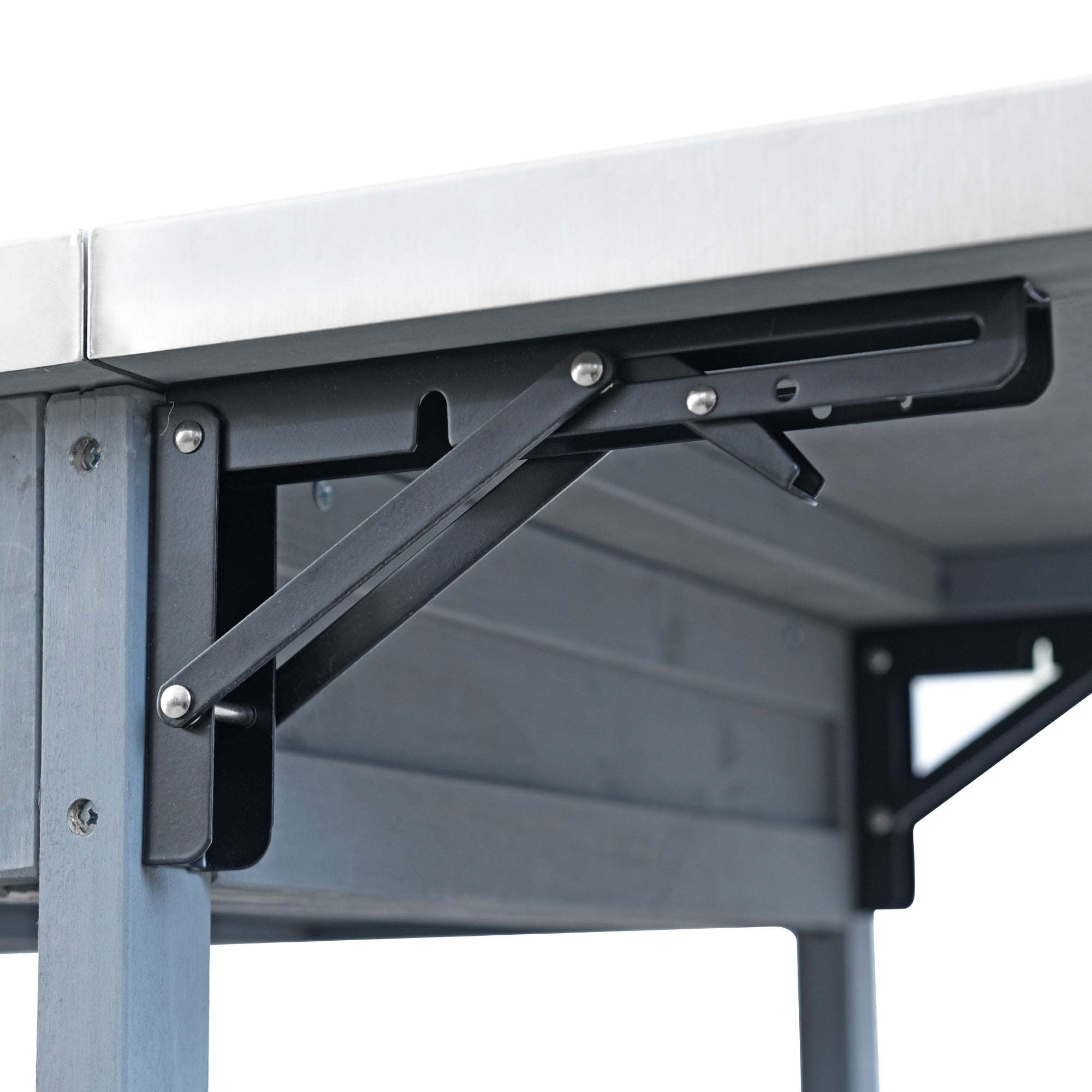 Arezzo gray blue kitchen cart showing foldable bracket support detail