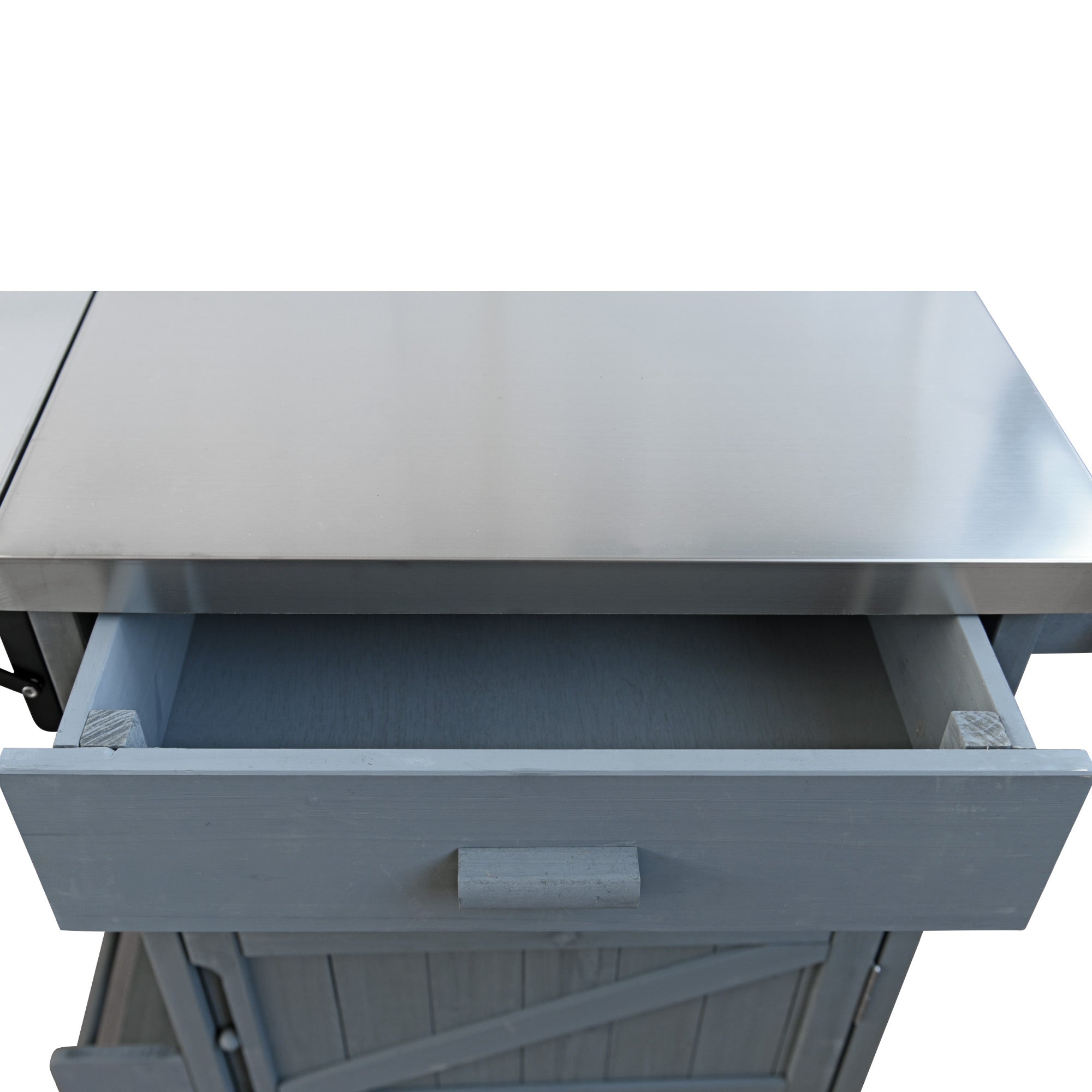 Arezzo gray blue kitchen cart showing pull out storage drawer detail