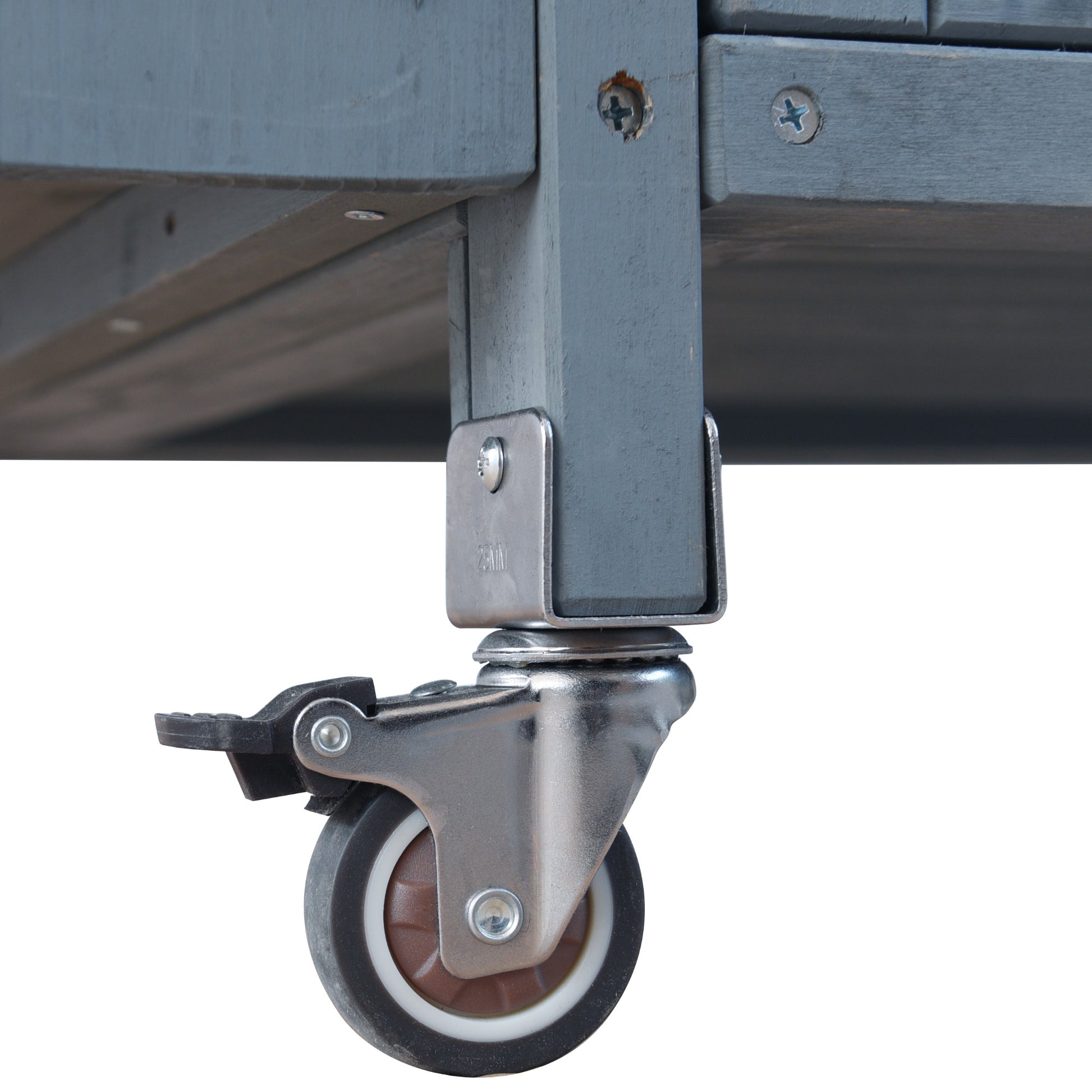 Arezzo gray blue kitchen cart showing lockable caster wheel detail