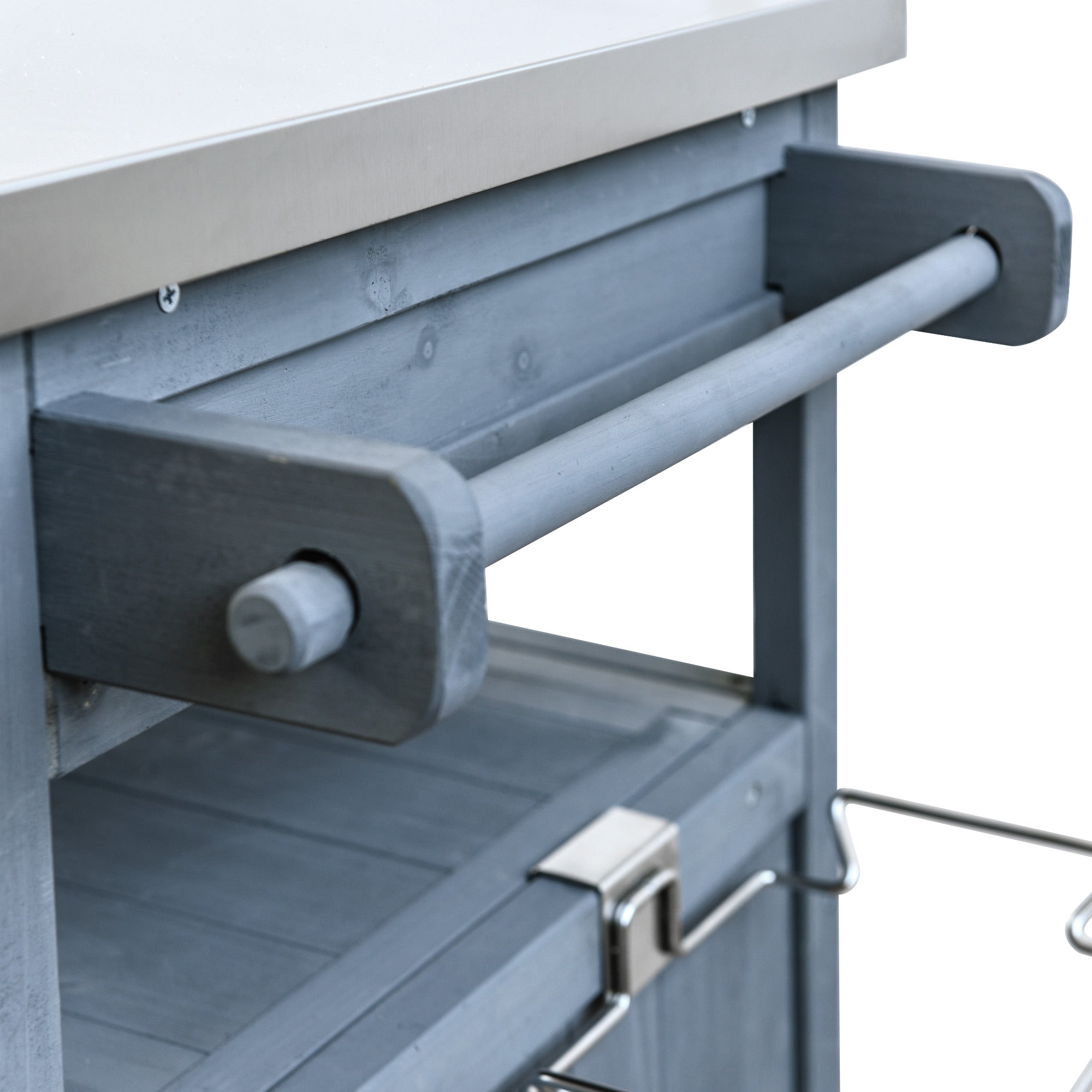 Arezzo gray blue kitchen cart showing side towel bar detail