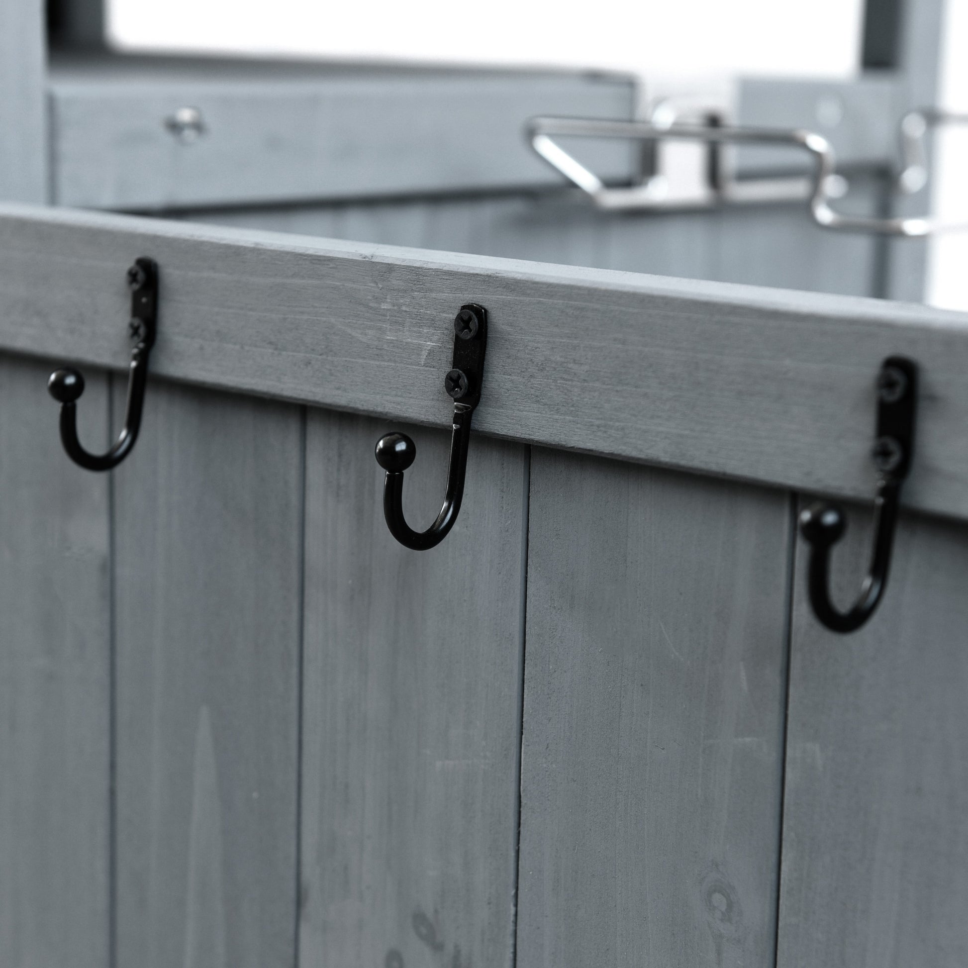 Arezzo gray blue kitchen cart showing exterior hanging hooks detail