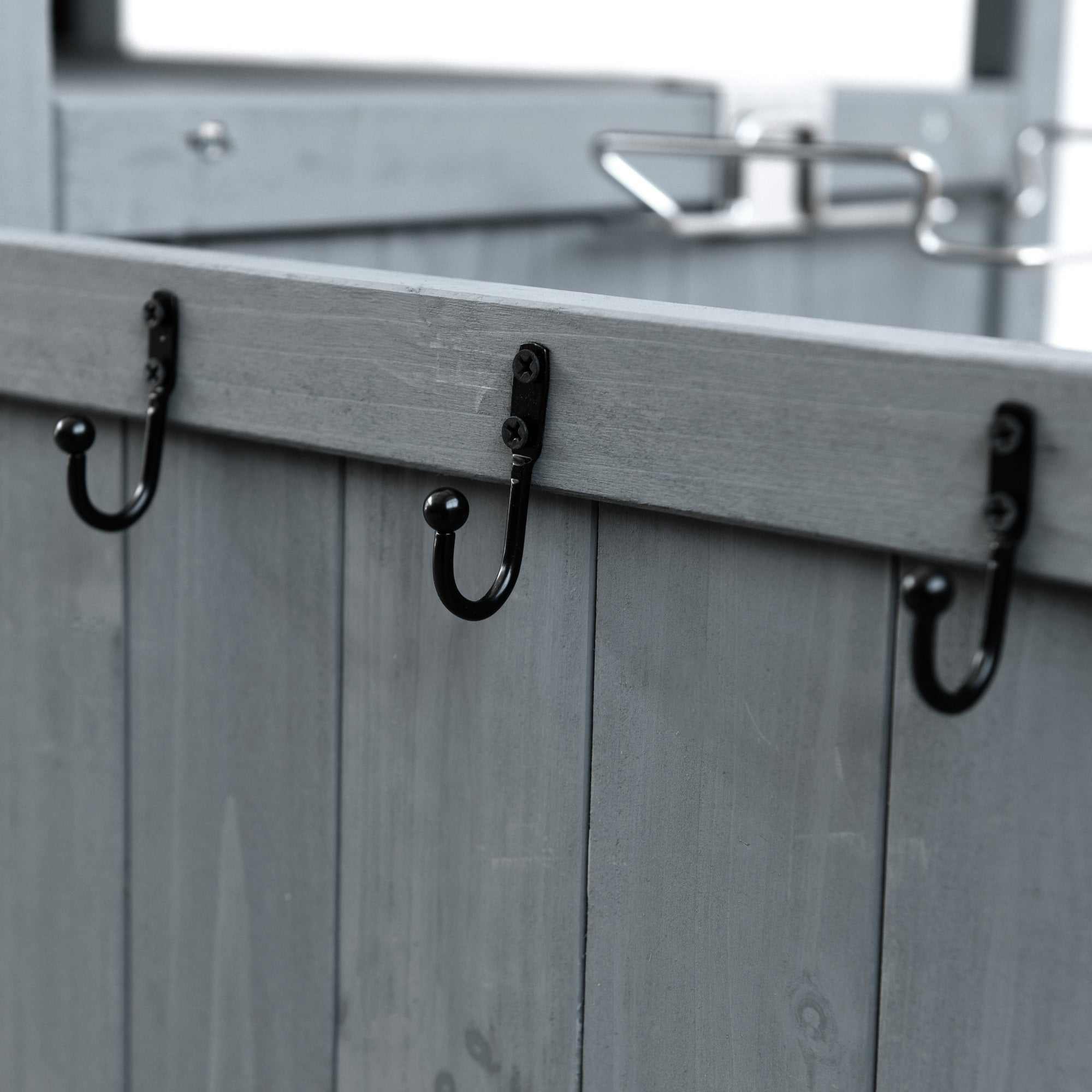 Arezzo gray blue kitchen cart showing exterior hanging hooks detail