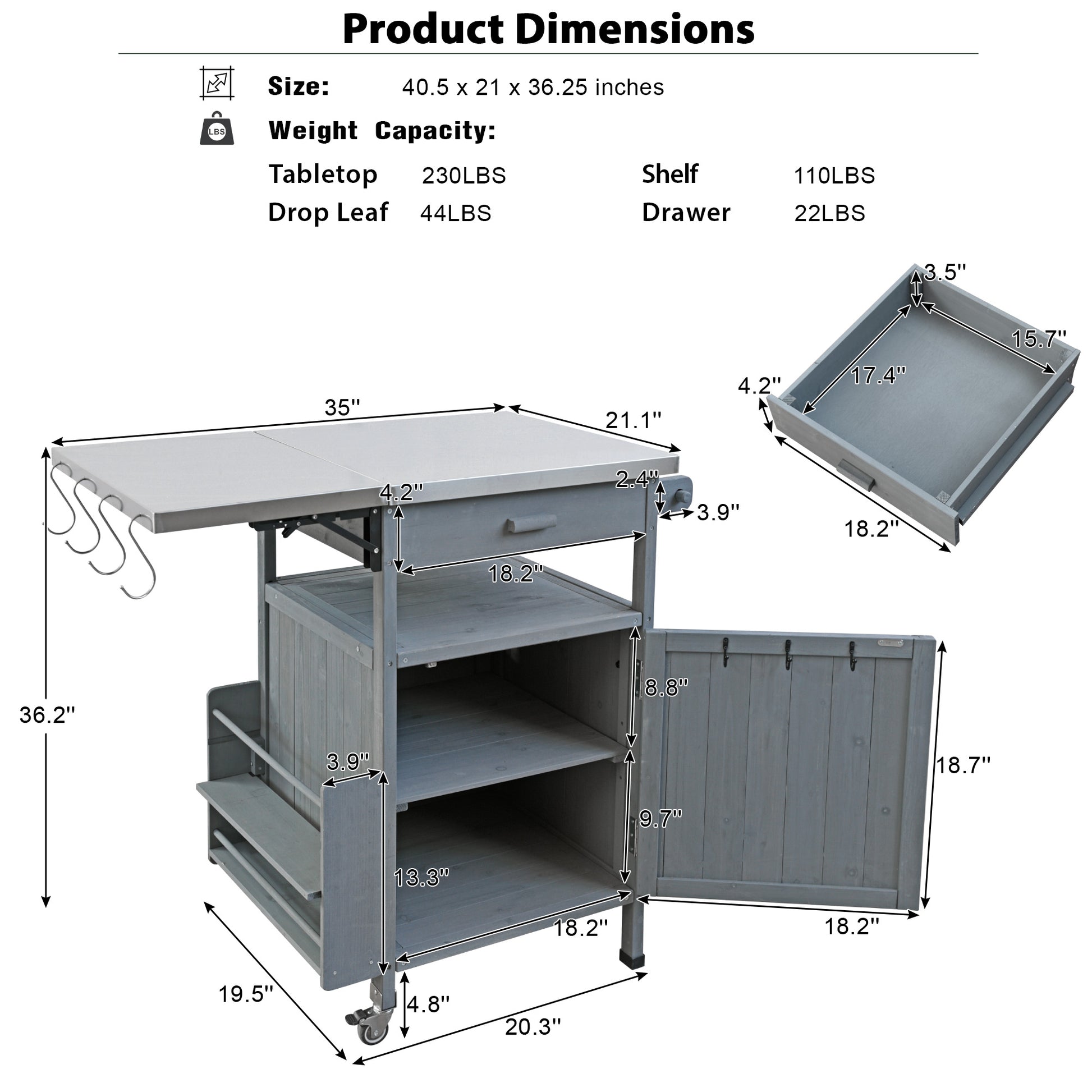Arezzo gray blue kitchen cart showing product dimensions and storage measurements