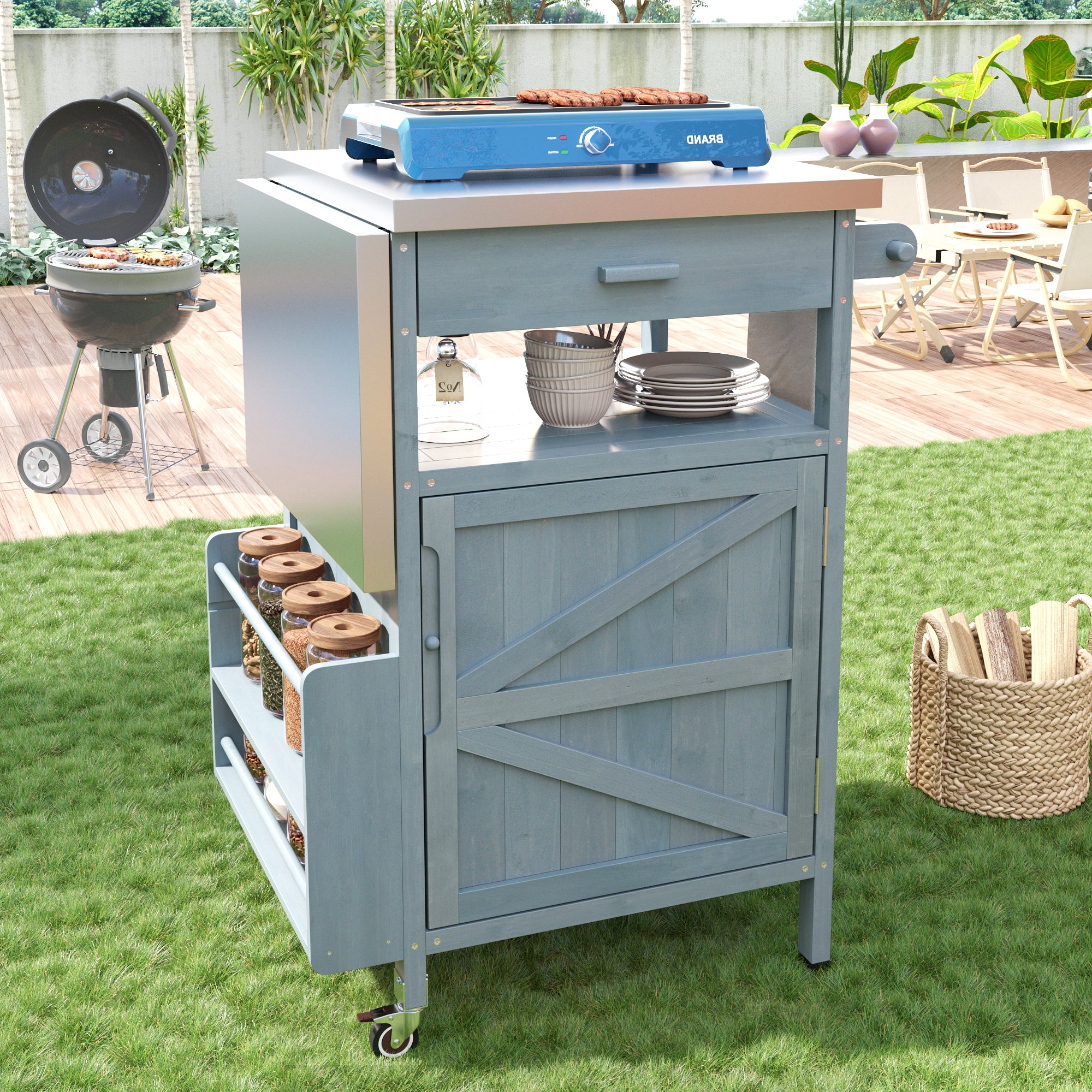 Arezzo gray blue kitchen cart showing backyard grilling and prep station