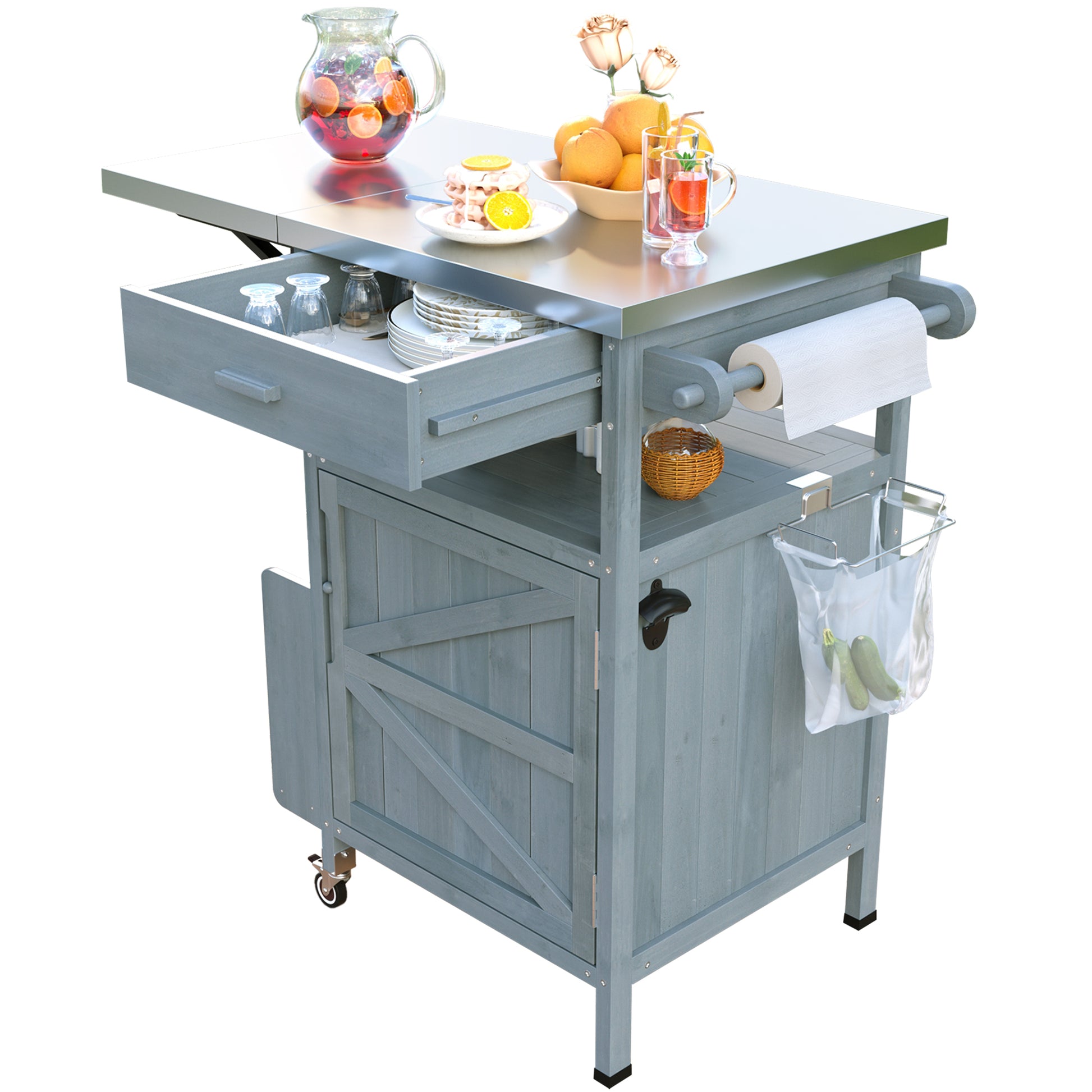 Arezzo gray blue kitchen cart showing open drawer and storage features