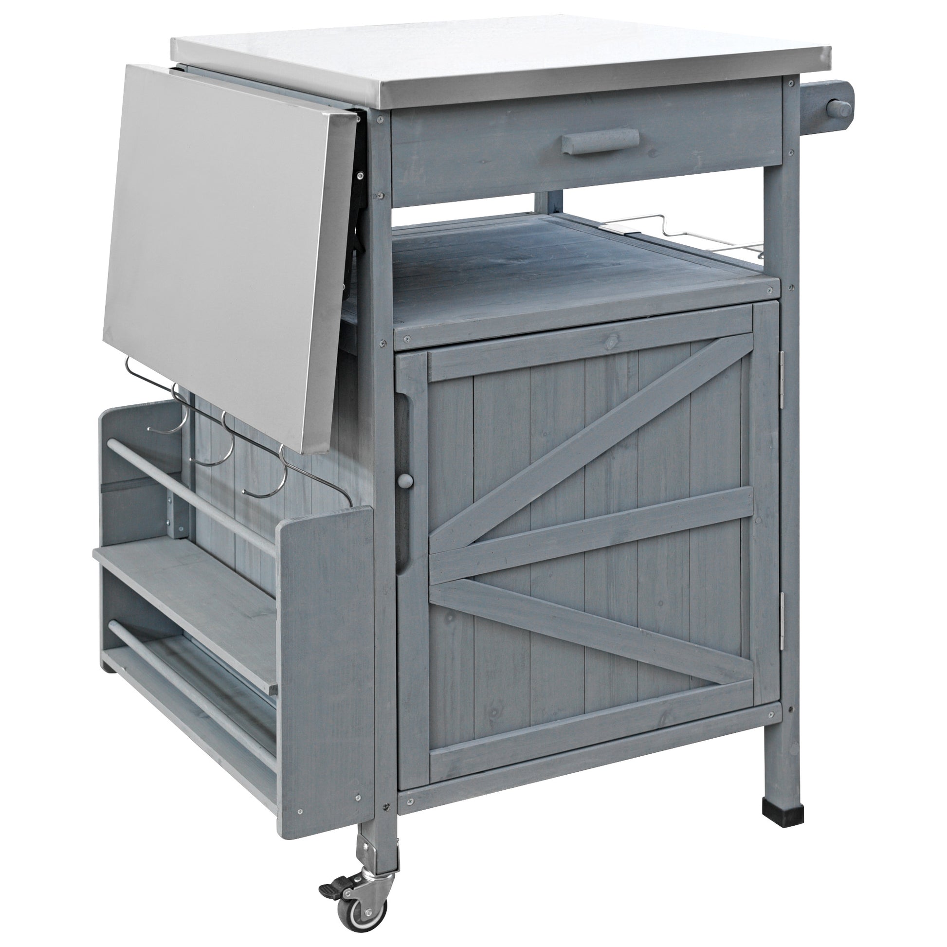 Arezzo gray blue kitchen cart showing foldable drop leaf extension