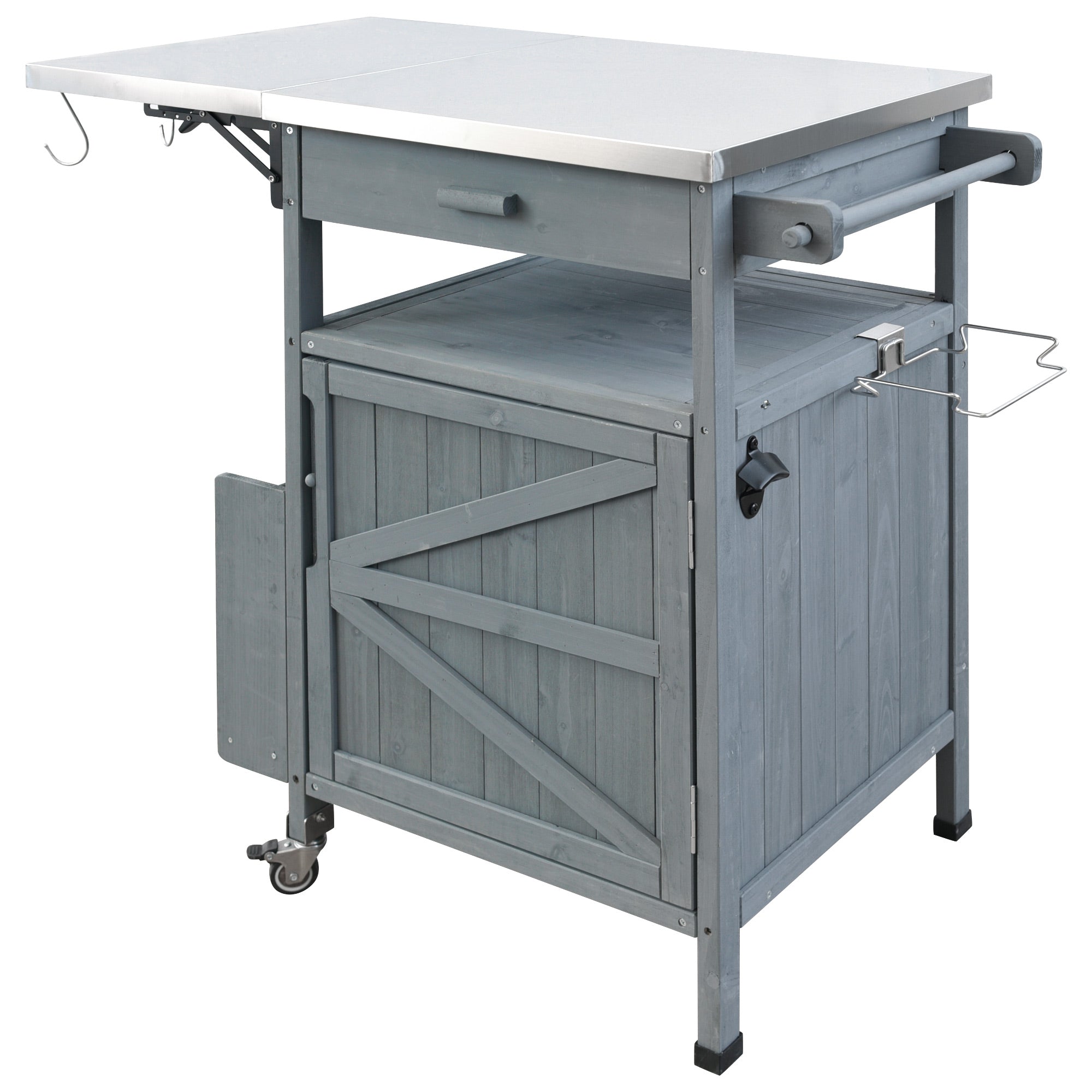 Arezzo gray blue kitchen cart showing expanded drop leaf workspace