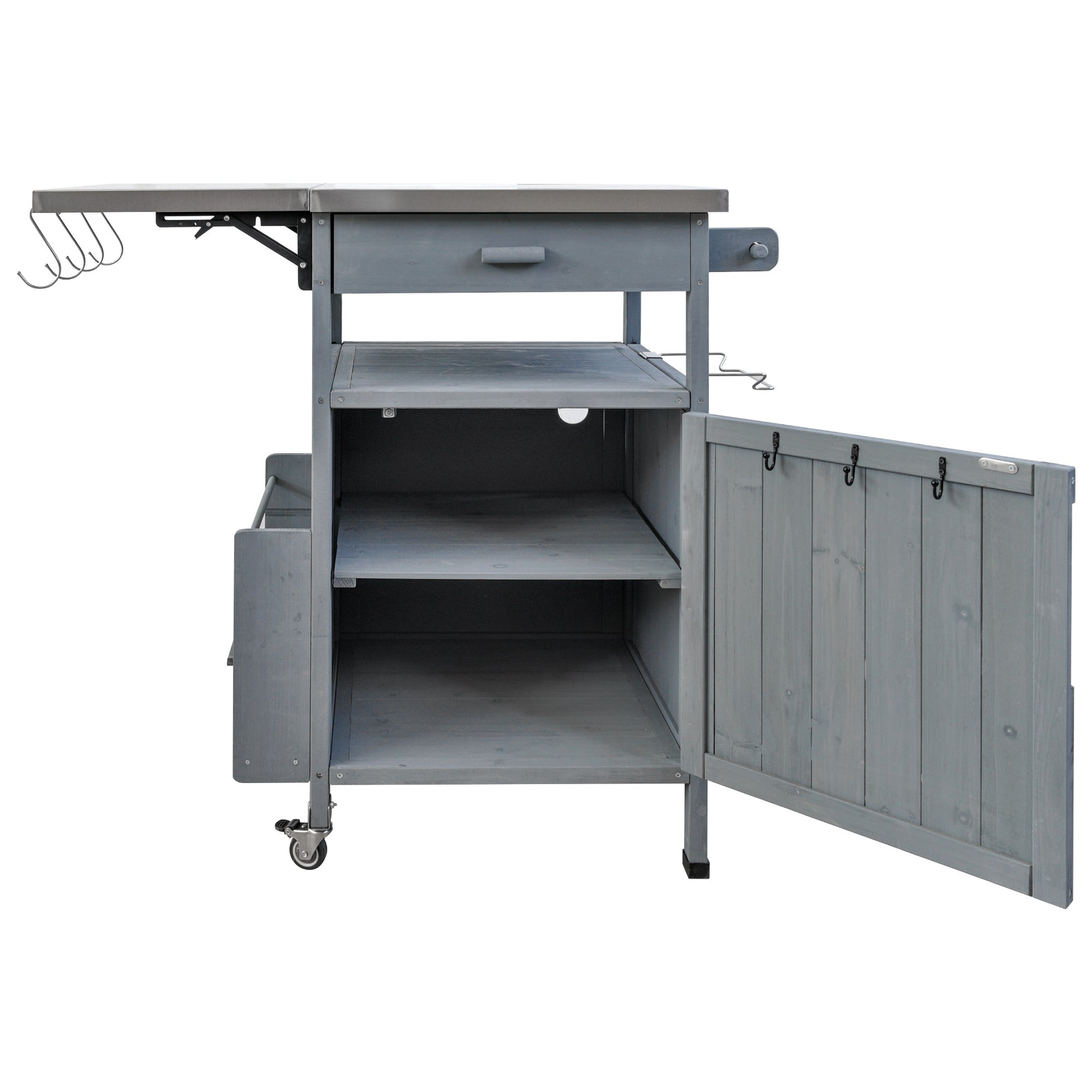 Arezzo gray blue kitchen cart showing open cabinet storage space
