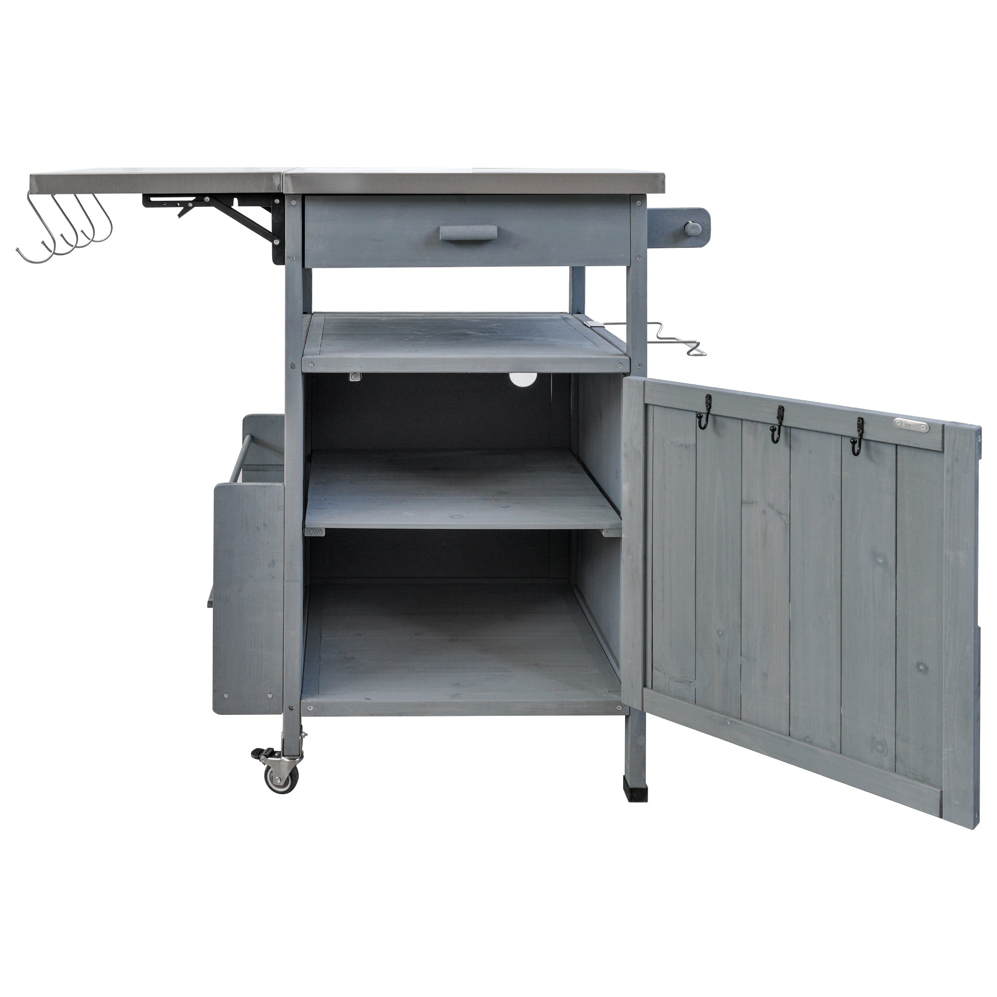 Arezzo gray blue kitchen cart showing open cabinet storage space