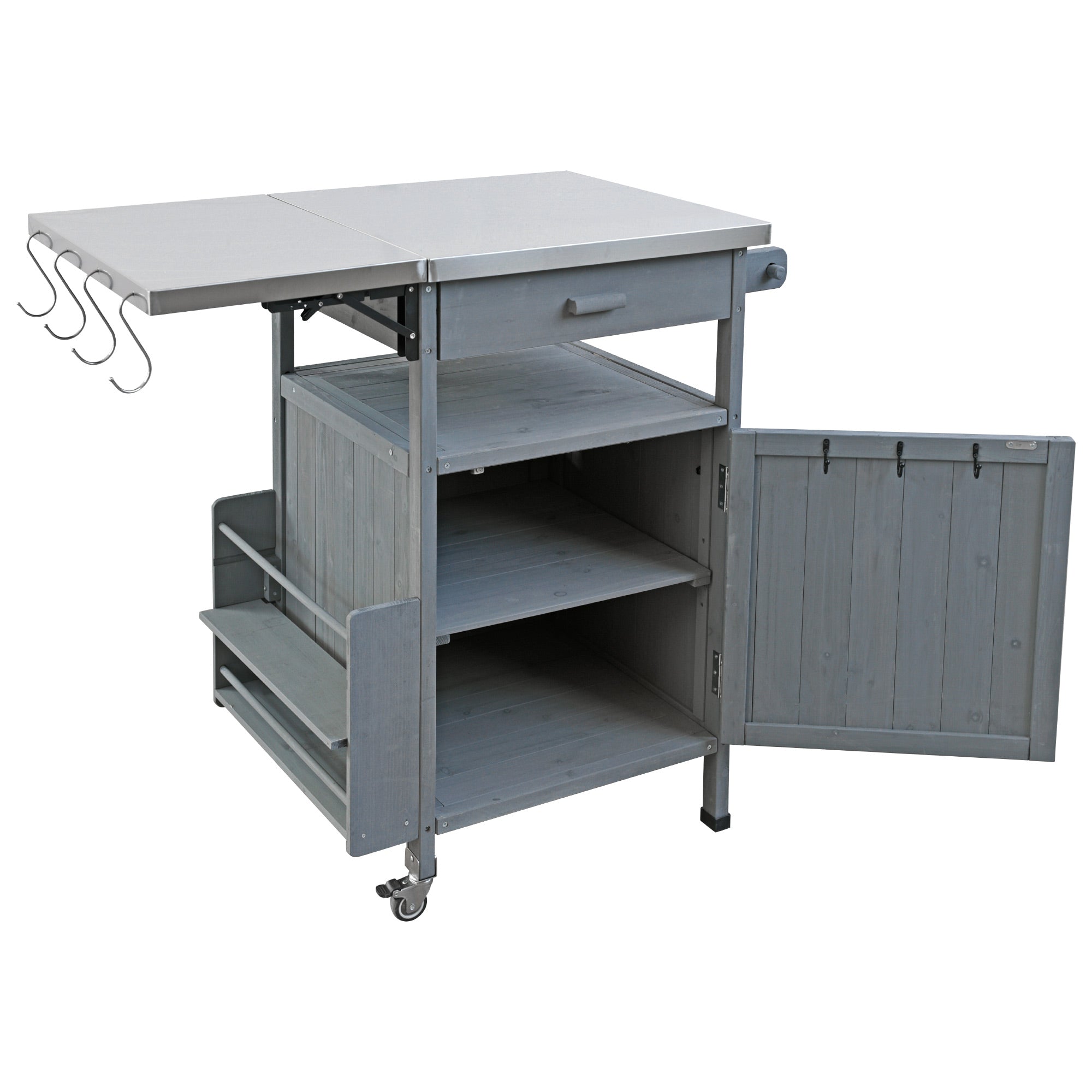 Arezzo gray blue kitchen cart showing open storage and extended workspace