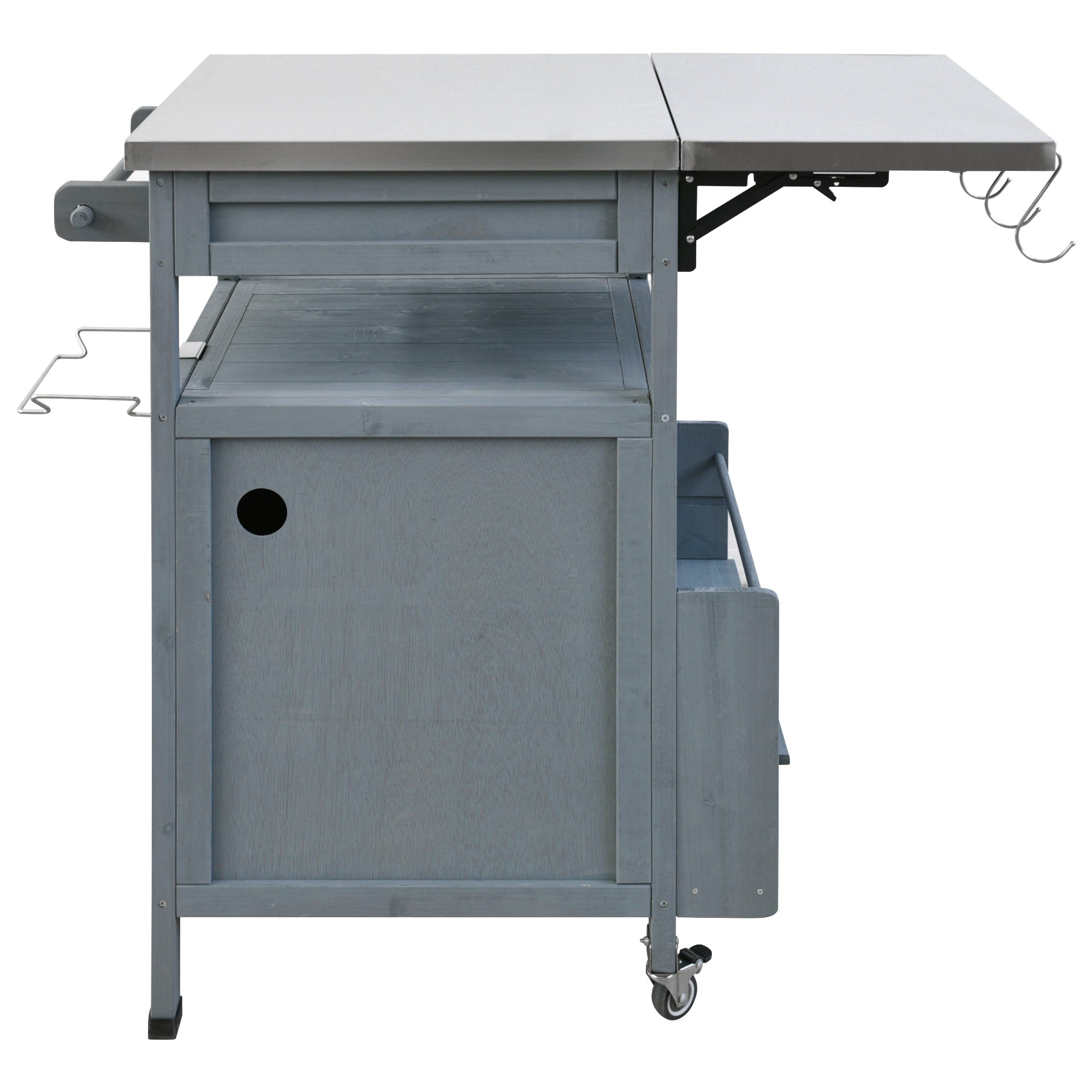Arezzo gray blue kitchen cart showing side profile with extended drop leaf