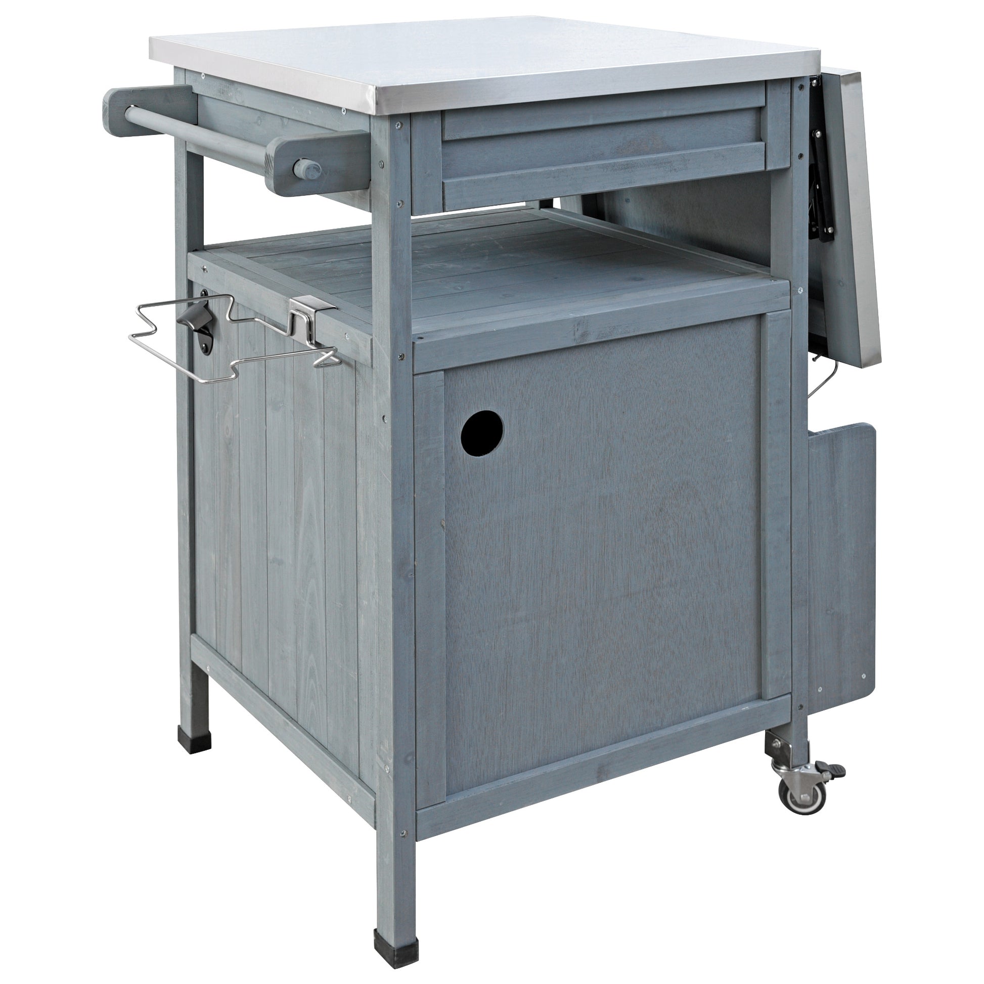 Arezzo gray blue kitchen cart showing rear storage and folded extension panel